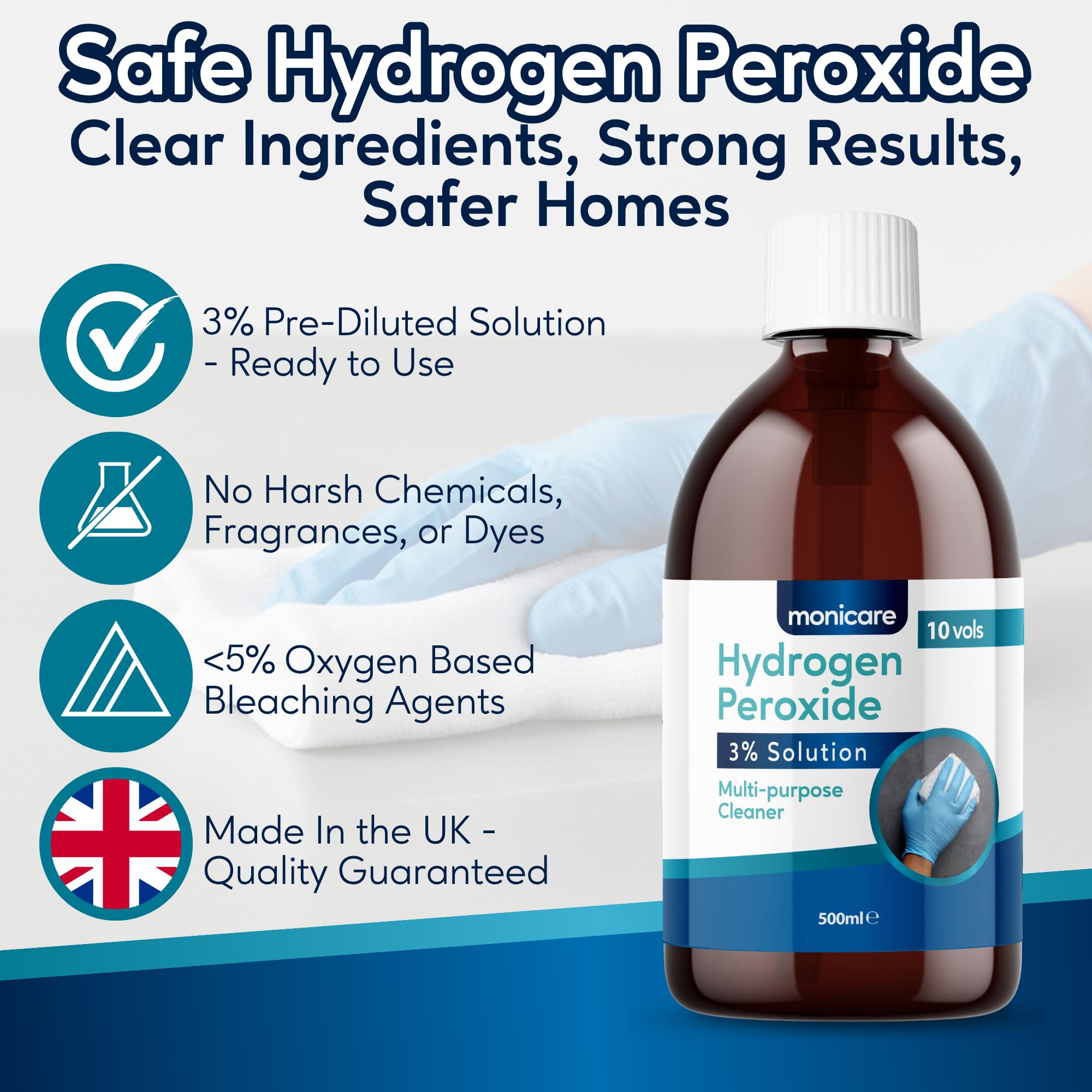 Monicare Hydrogen Peroxide 3% Multi-Purpose Cleaner - 500ml Liquid | Hospital Grade | Unscented 3