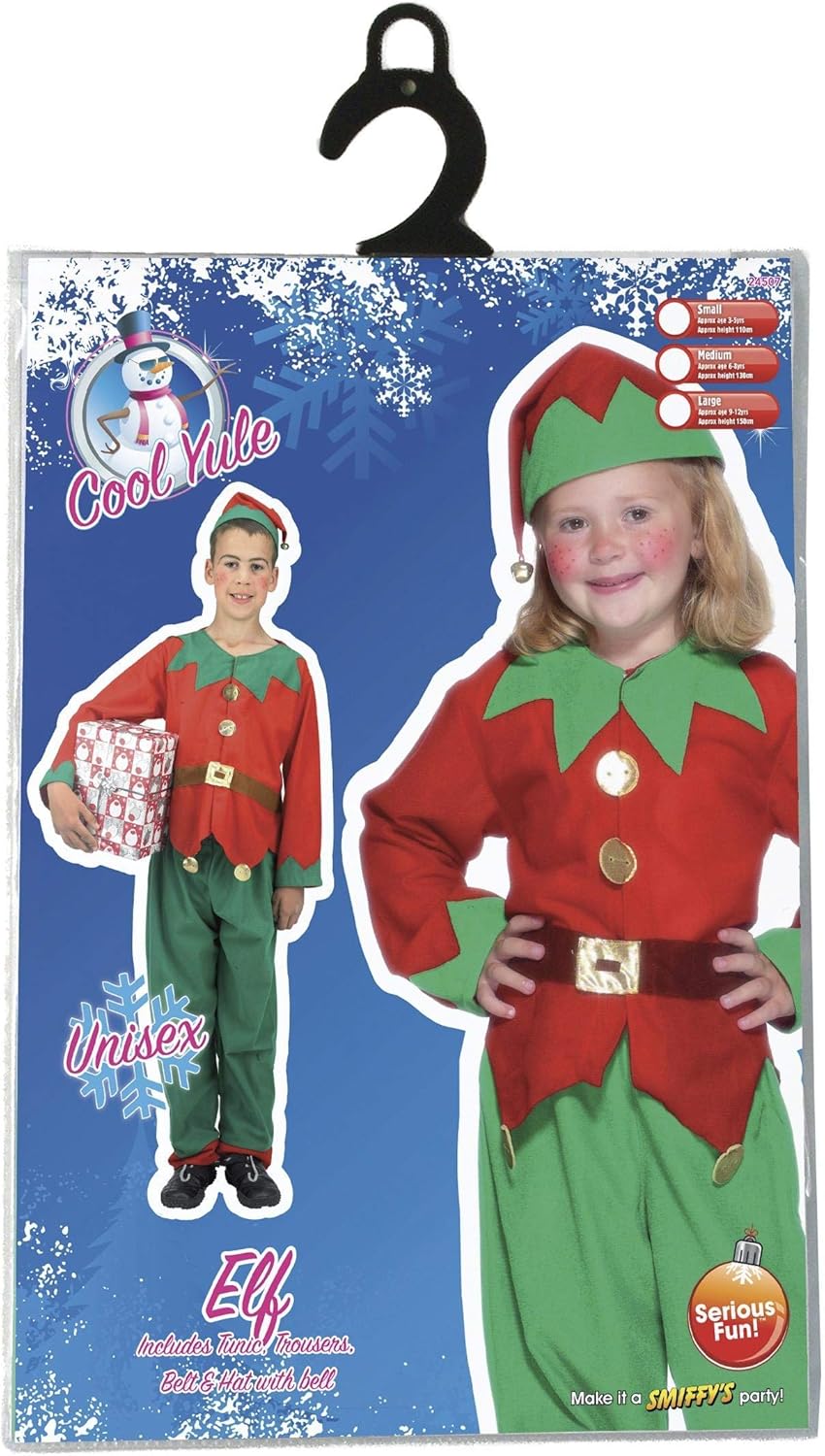 Smiffys Elf Costume - Children's Red & Green Tunic, Trousers & Hat (Ages 4-6) 4