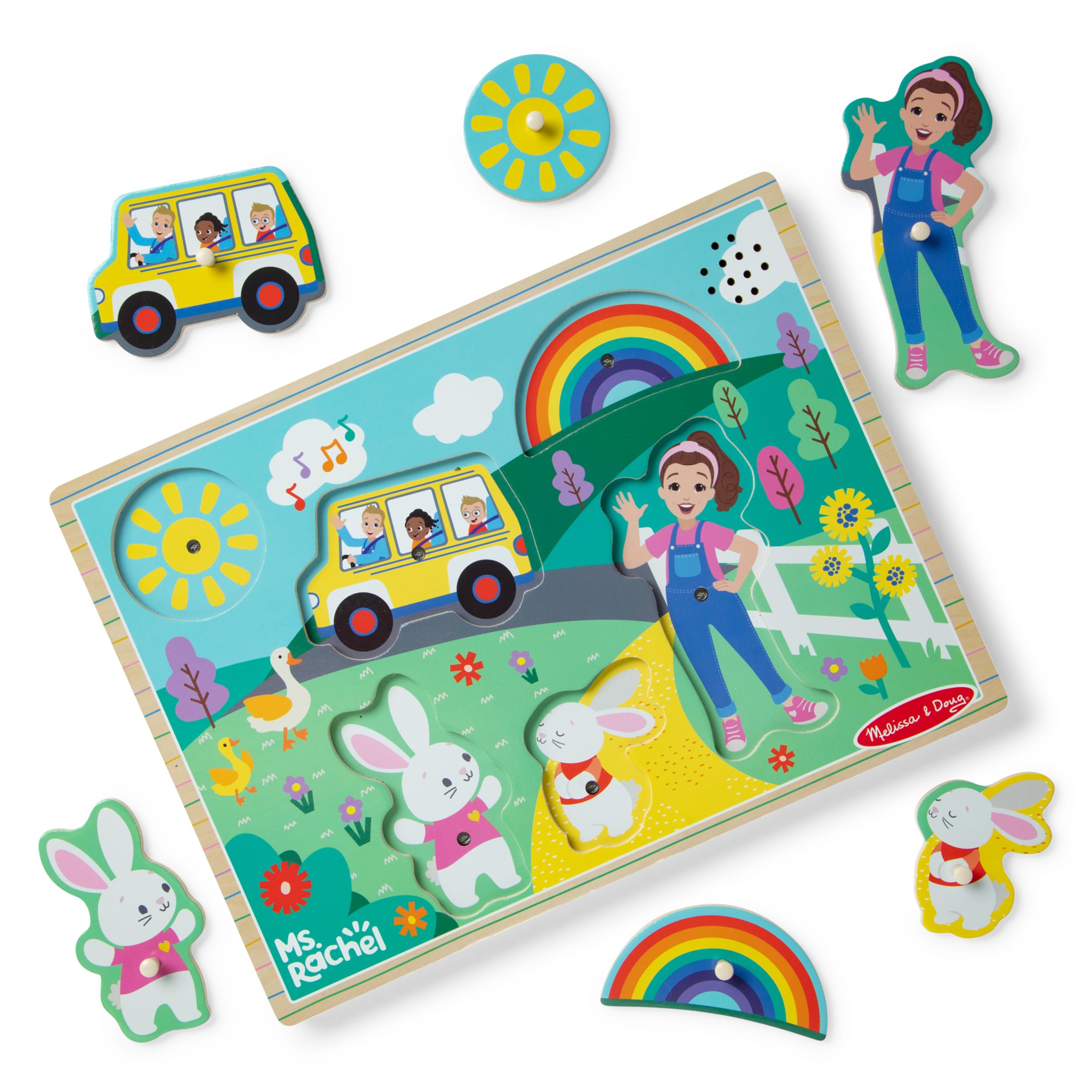 Melissa & Doug Ms. Rachel Wooden Song Peg Puzzle - Light-Activated Sound | Ages 2+