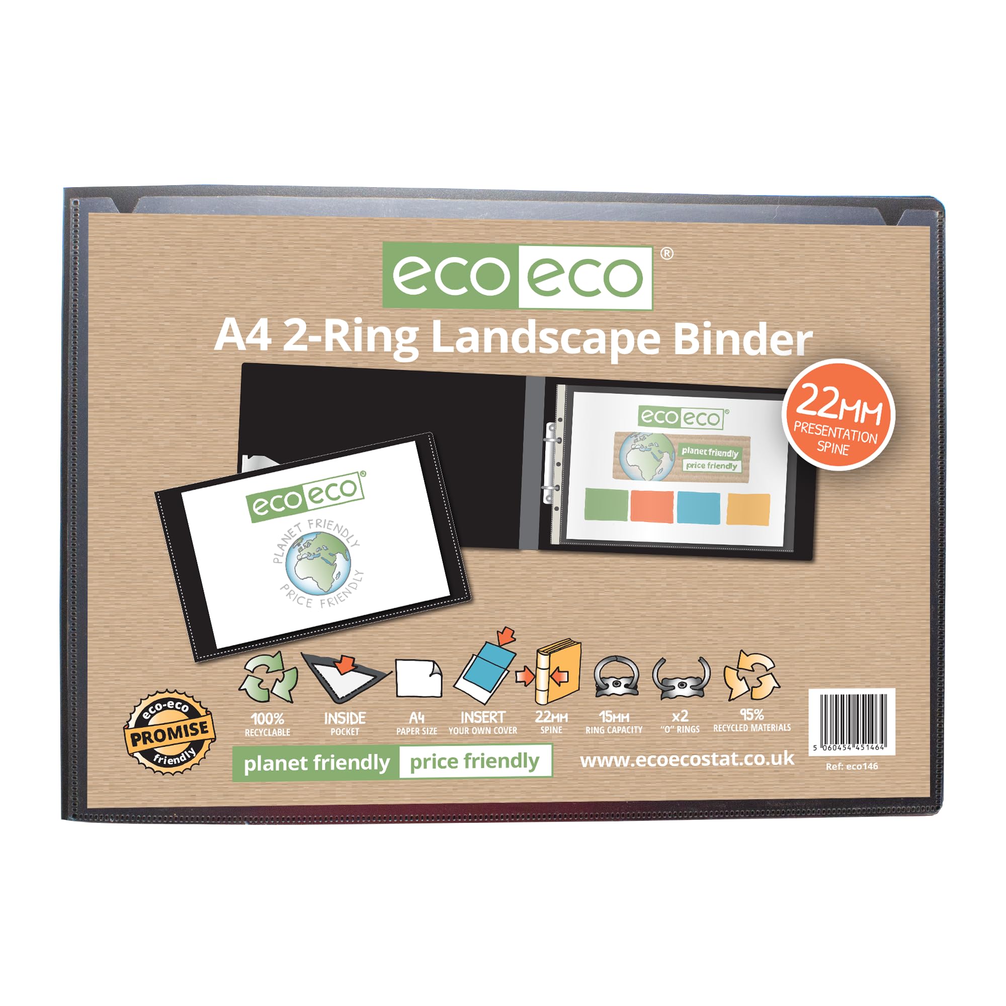 eco-eco A4 95% Recycled Presentation 22mm Spine 2 Ring Landscape O-Ring Binder Black