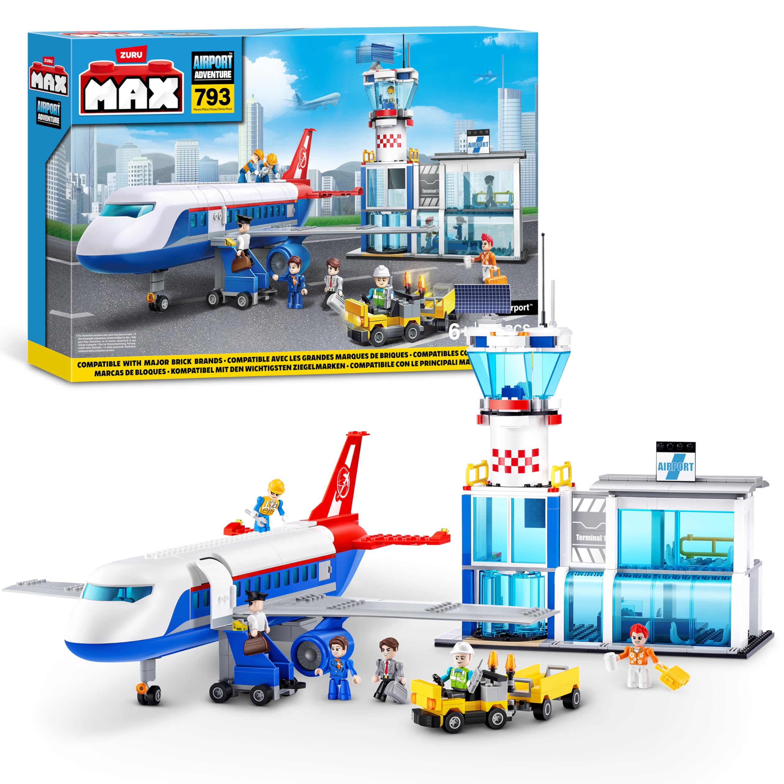 MAX Adventure Airport Playset - 793-Piece Building Bricks Set with 3 Vehicles & 6 Figures for Kids 6+ 1