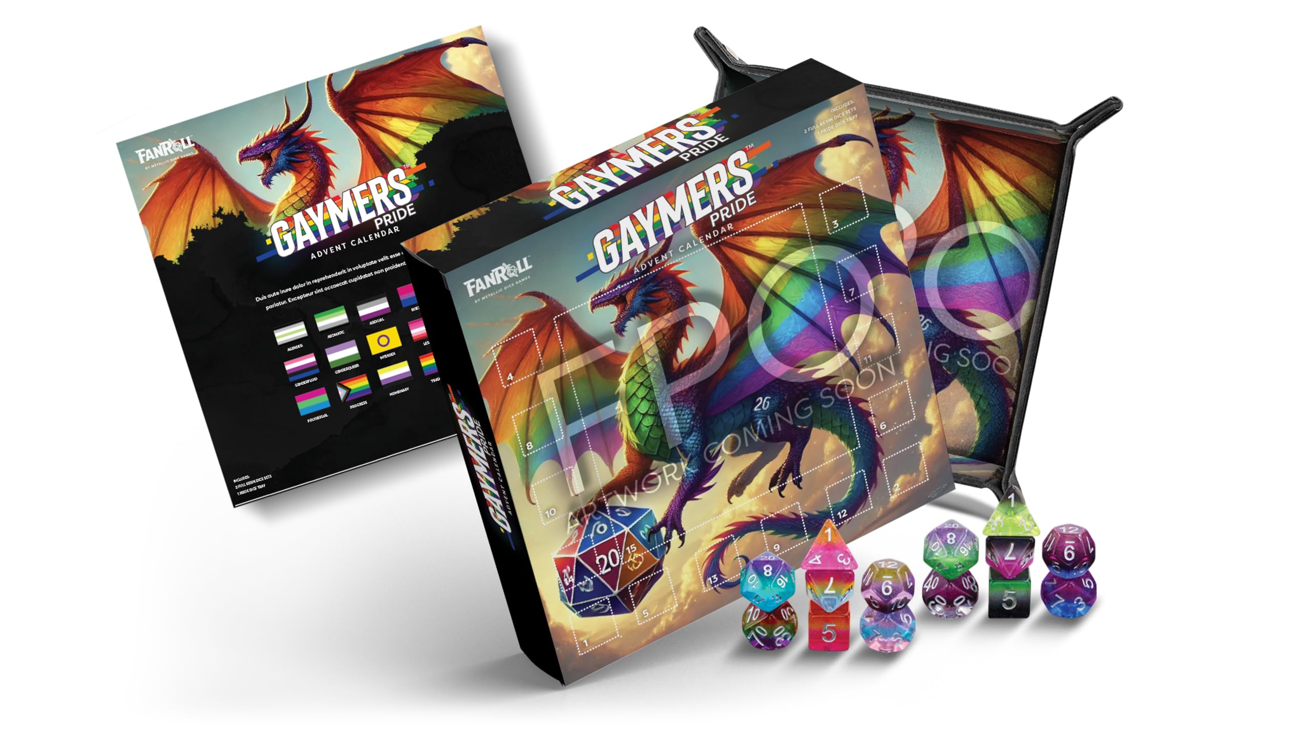 FanRoll Gaymers Pride Advent Calendar with Rainbow Dragon Dice Sets by Logan Lubera