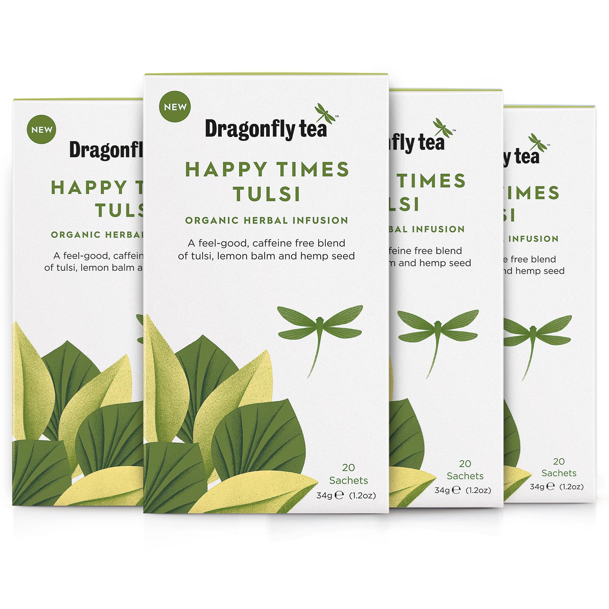 DRAGONFLY Happy Times Organic Tulsi Tea - Uplifting Blend | 4 Pack, 80 Compostable Bags