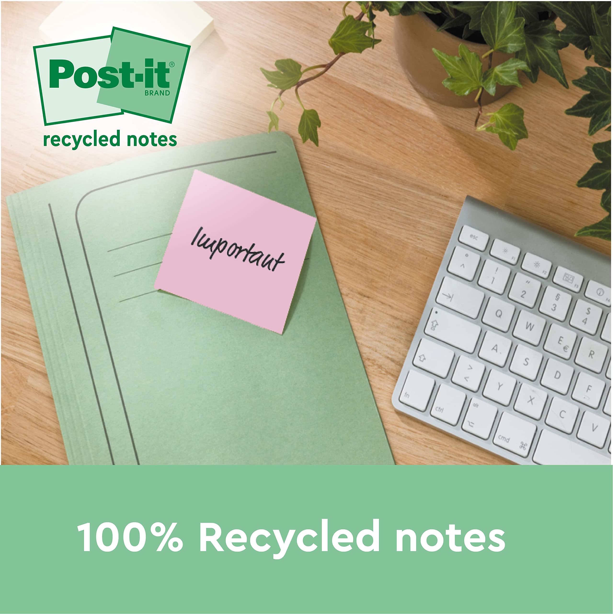 Post-it Super Sticky 100% Recycled Notes - 4 Pad Pack (3+1 Free) | 70 Sheets Each | Pink, Green, Yellow, Blue