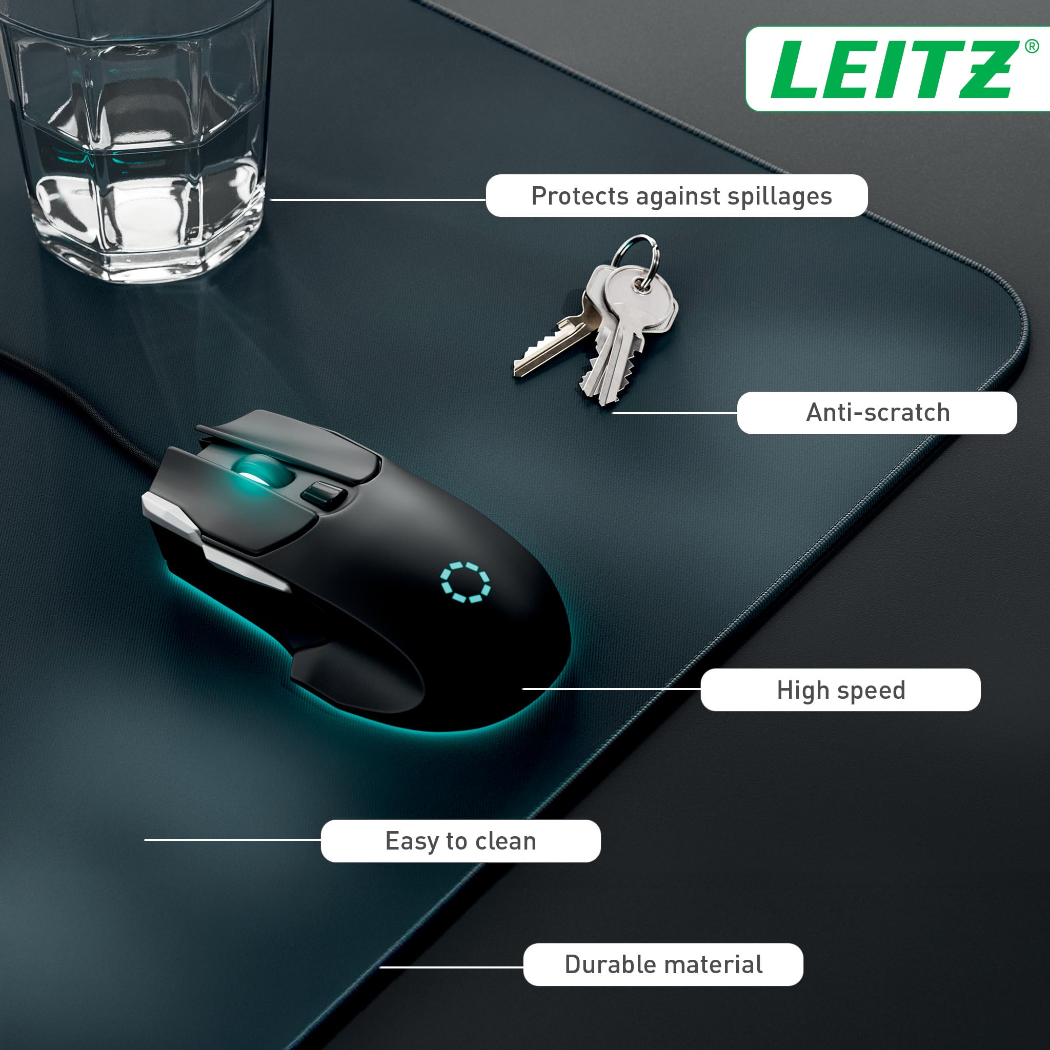Leitz Extra Large Gaming Mat - 100x40cm | Non-Slip Rubber Backing | Velvet Grey