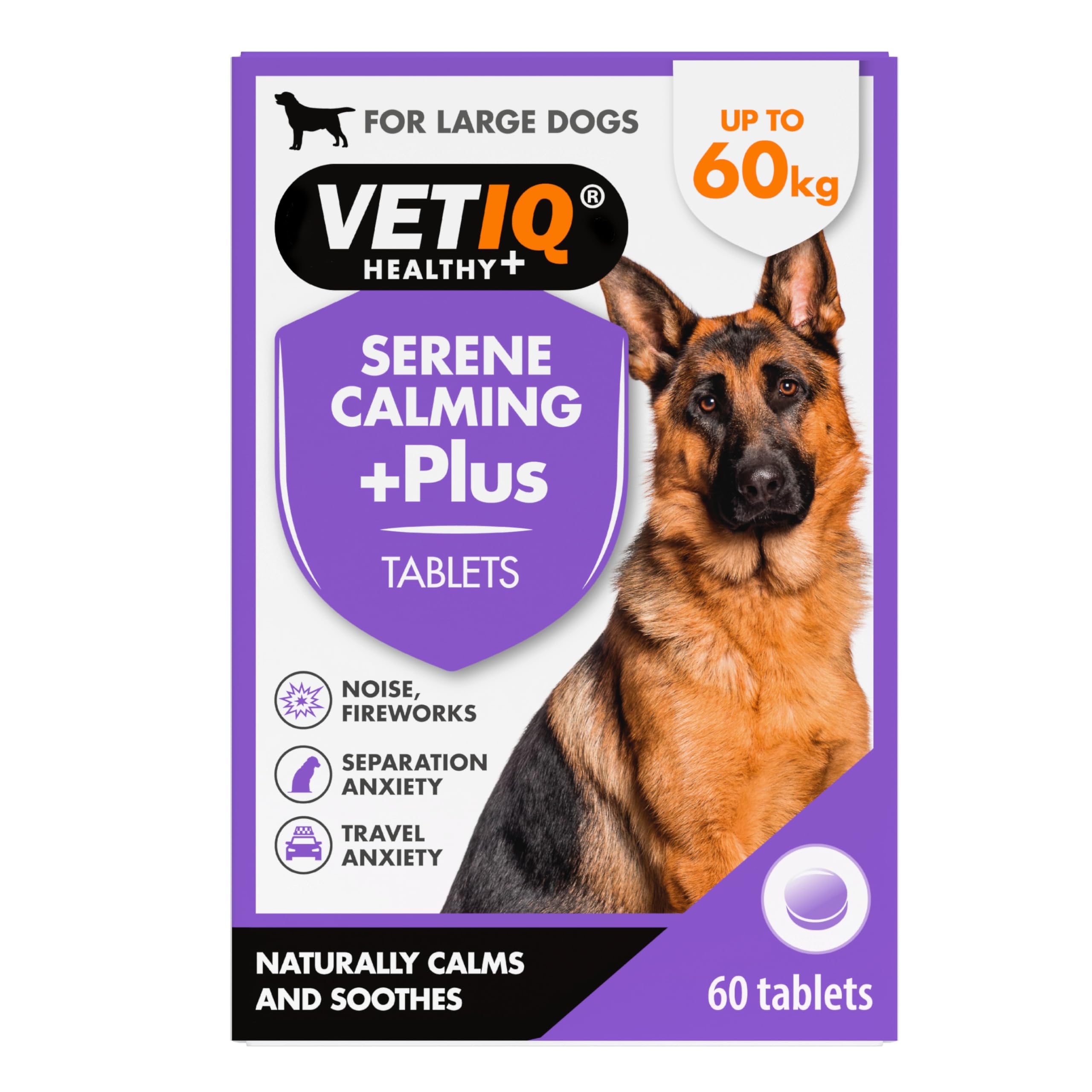 VETIQ Serene Calming Plus+ Tablets for Large Dogs (60 Count) | Stress & Anxiety Relief | Natural Ingredients