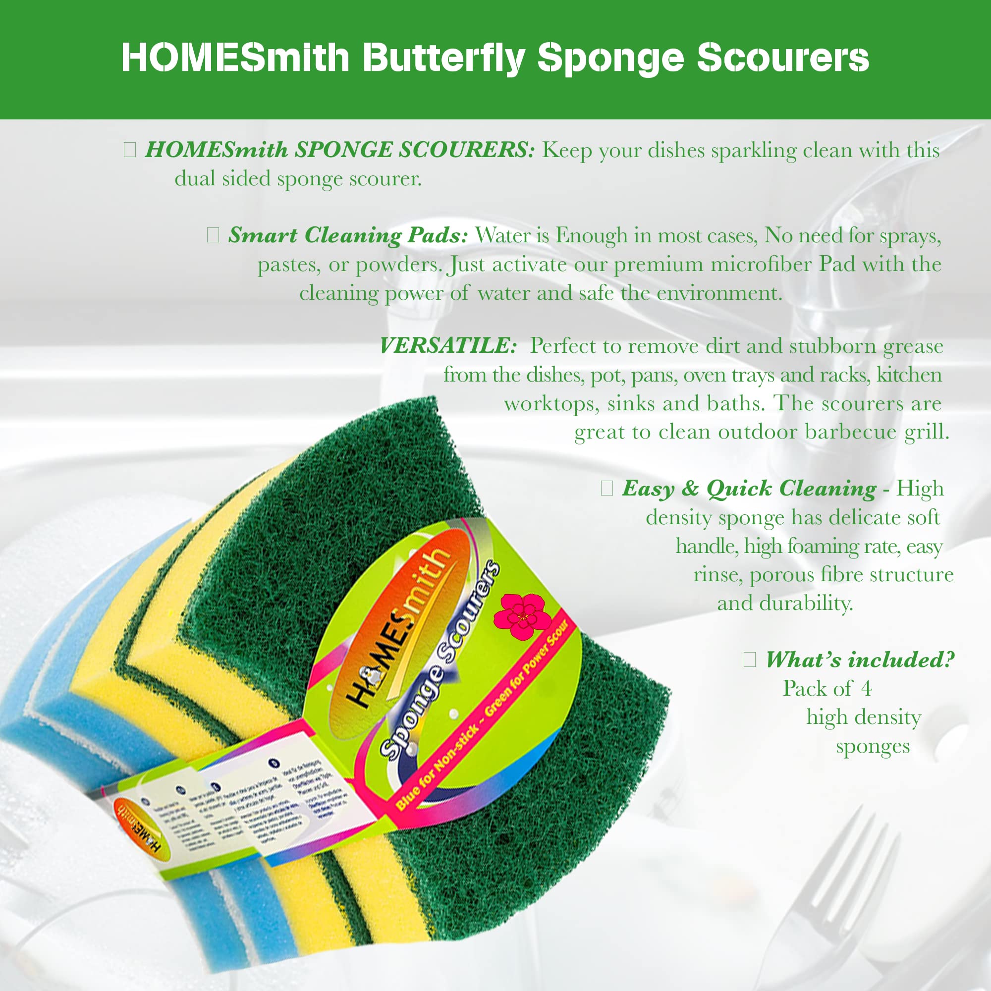 HomeSmith Heavy Duty Butterfly Washing Up Sponge Scourers - Pack of 4 | Dual-Sided Scrubbing | Yellow & Blue 2