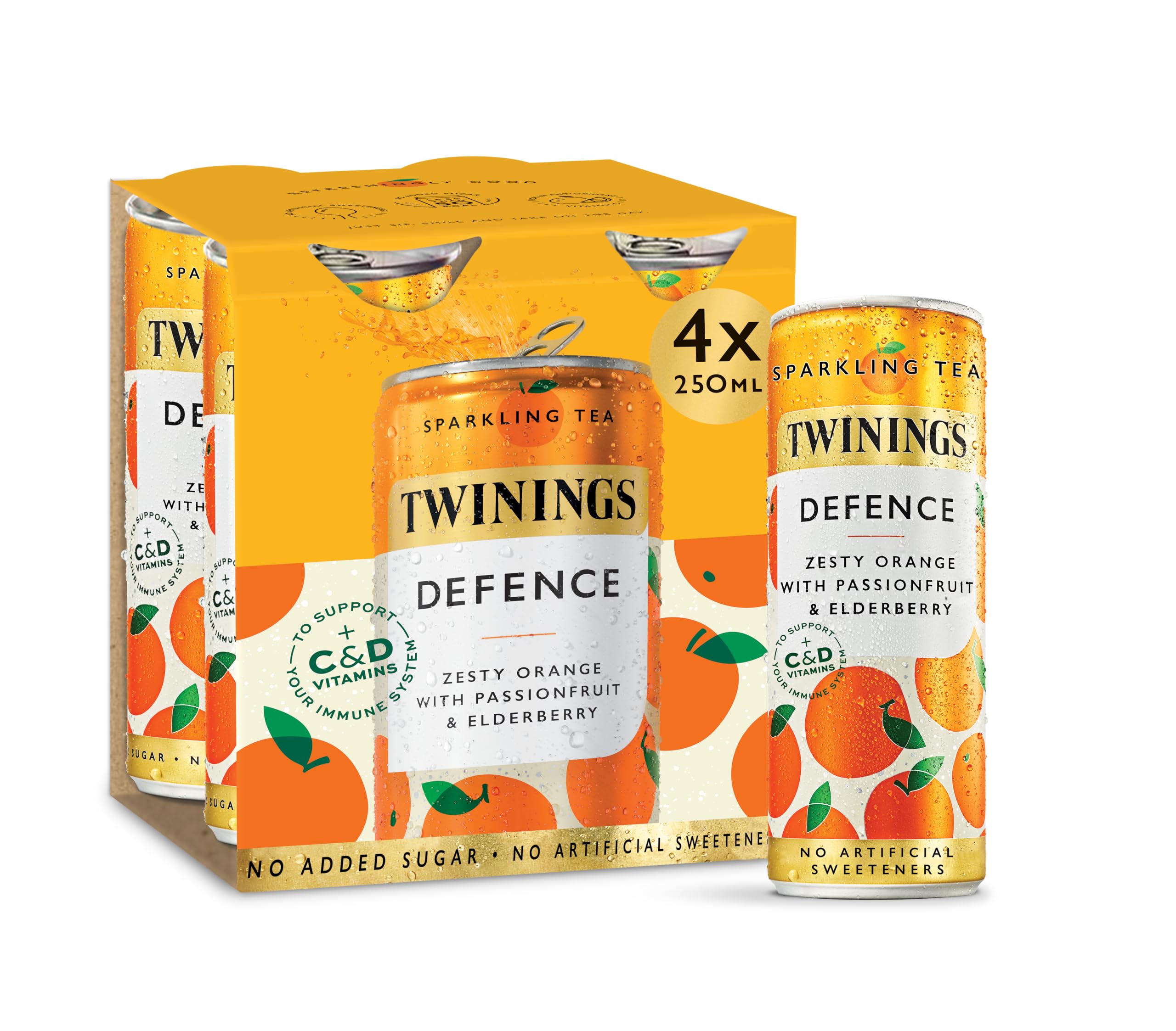 Twinings Defence Orange & Passionfruit Sparkling Tea - 4 x 250ml Cans | Low Calorie, No Added Sugar