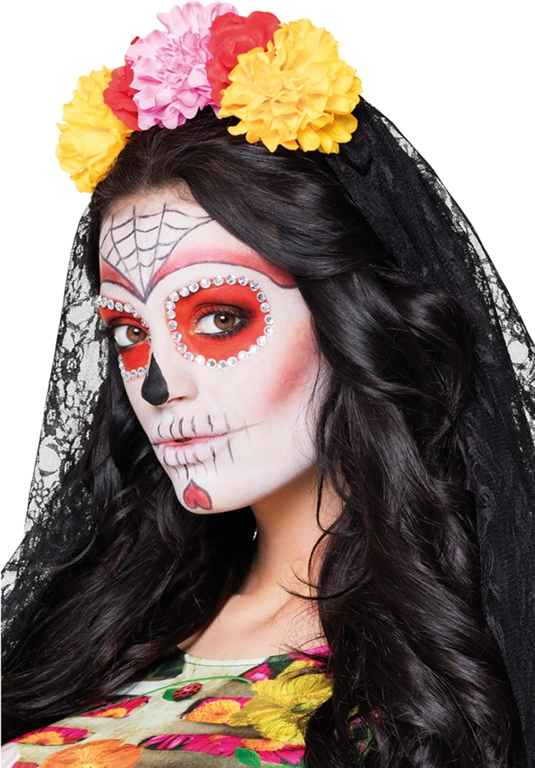 Smiffys Day of the Dead Deluxe Headband, Red & Black with Roses & Veil 3