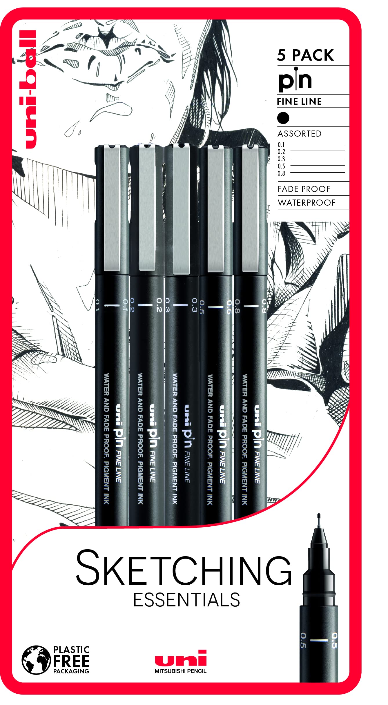 uni-ball PIN Fineliners - Black Ink, 5-Piece Set with 0.1mm to 0.8mm Tips | Fade & Water-Resistant