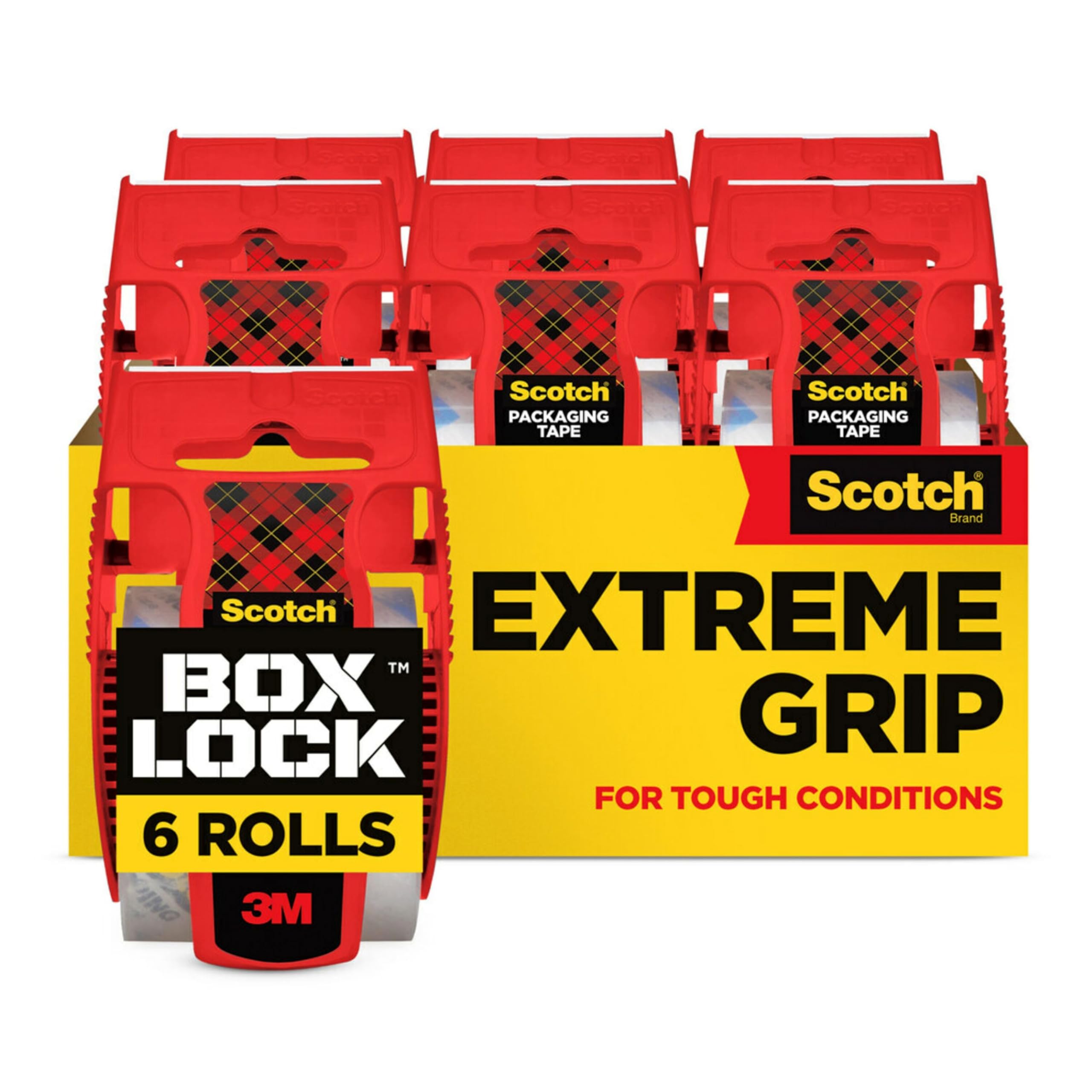 Scotch Box Lock Packaging Tape - 6 Rolls with Dispensers | Strong Grip | 48 mm x 20.3 m