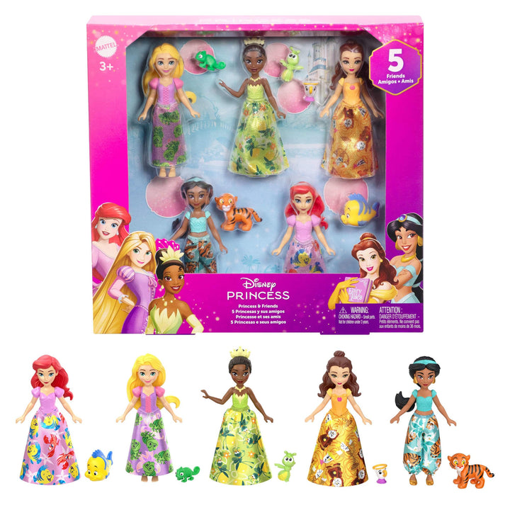 Mattel Disney Princess & Friends 5-Pack Doll Playset with Pposable Figures and Removable Skirts, JBL33