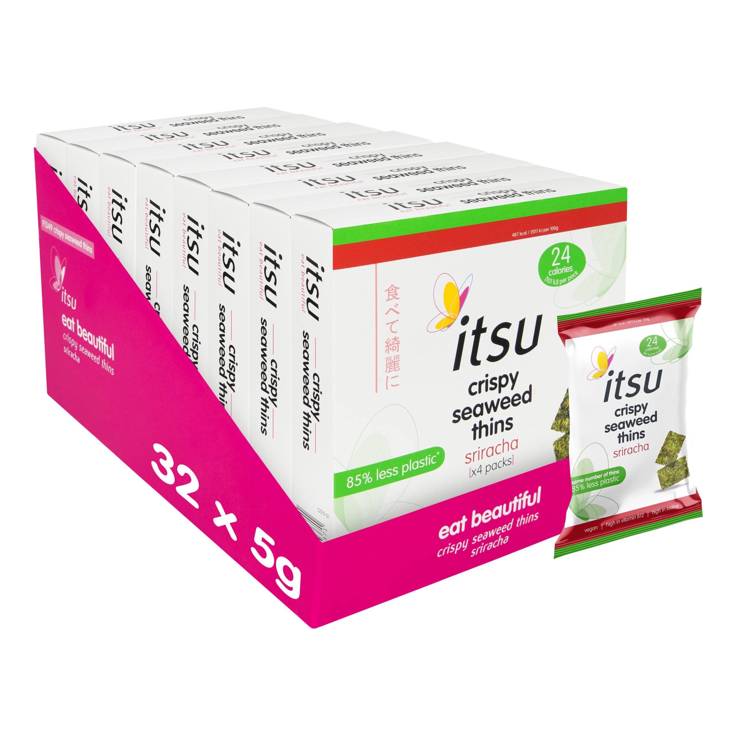 itsu Seaweed Thins Sriracha Seasoned - 32 Pack of 5g Crispy Vegan Snacks | Low Calorie