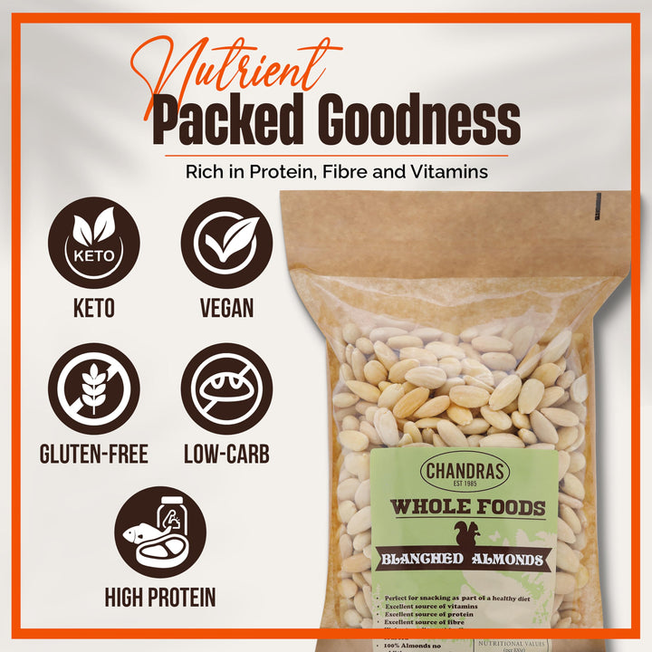 Chandra Whole Foods - Blanched Almonds 1KG - Unsalted Raw Almonds from Spain