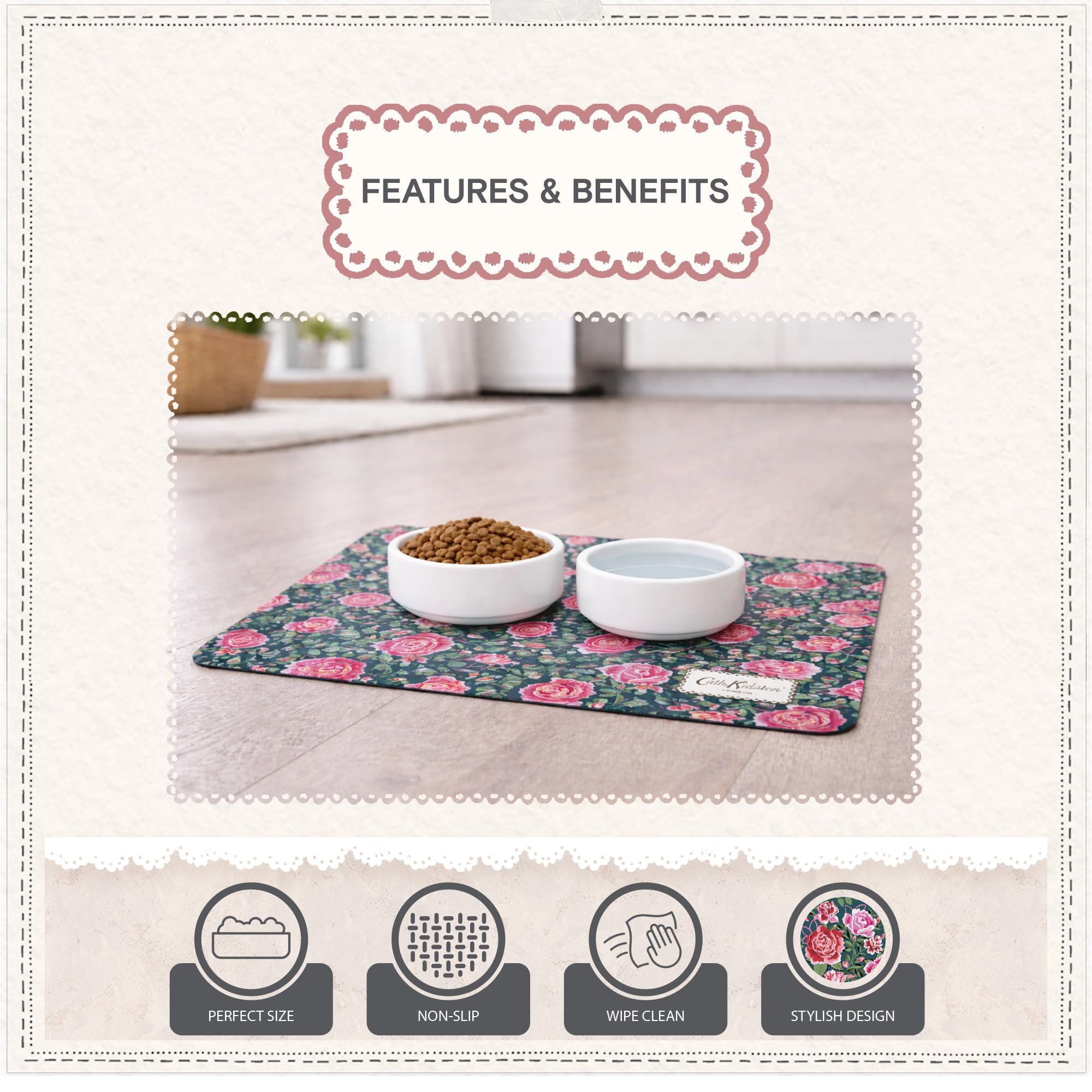 Pet Brands Cath Kidston Dolly Rose Feeding Mat - Waterproof Non-Slip for Double Bowls | 40 x 28 cm 2