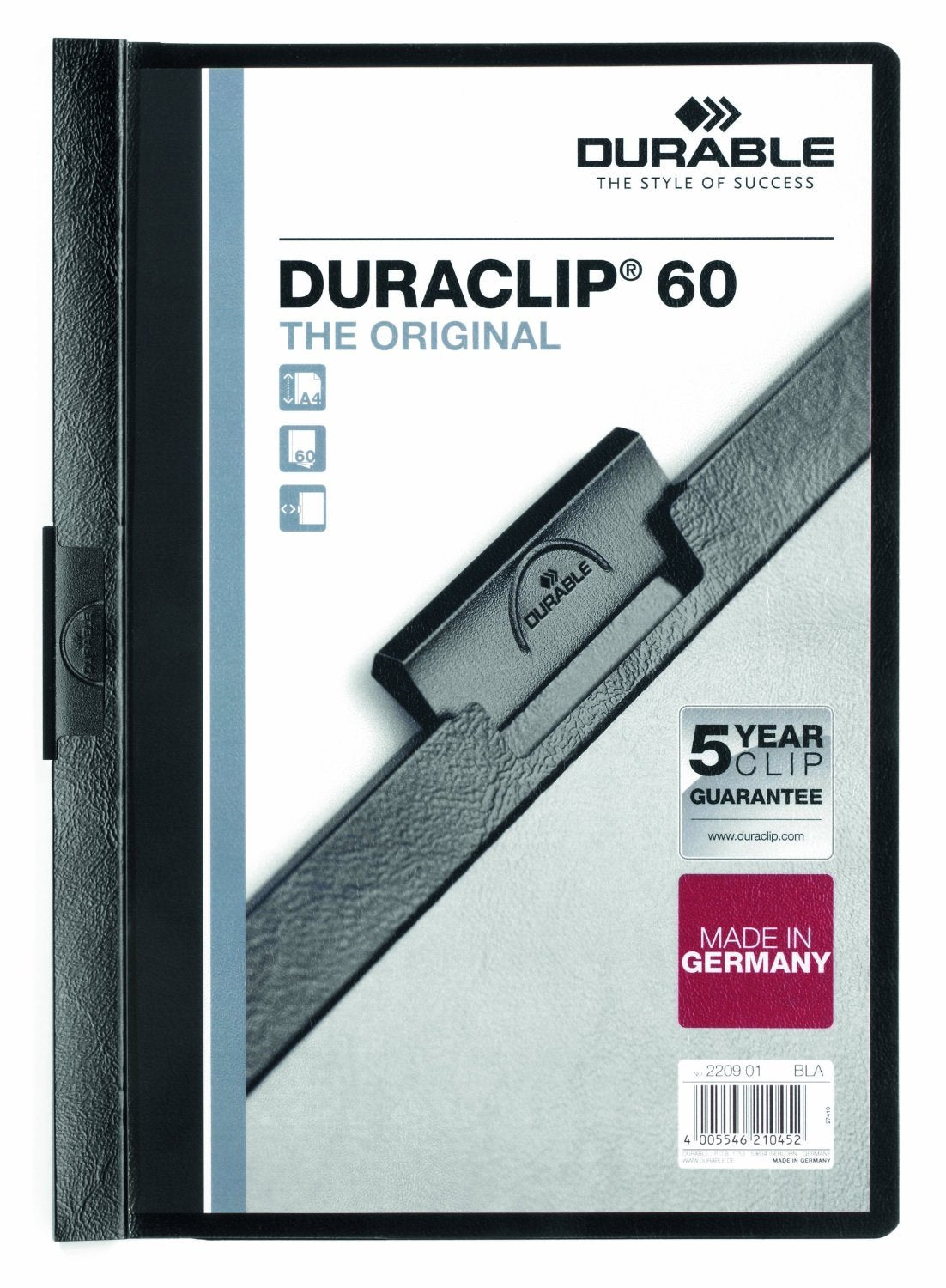 Durable DURACLIP 60 A4 Clip Folder - Holds up to 60 Sheets of A4 Paper - Robust Metal Sprung Clip - Pack of 5 Folders in Black