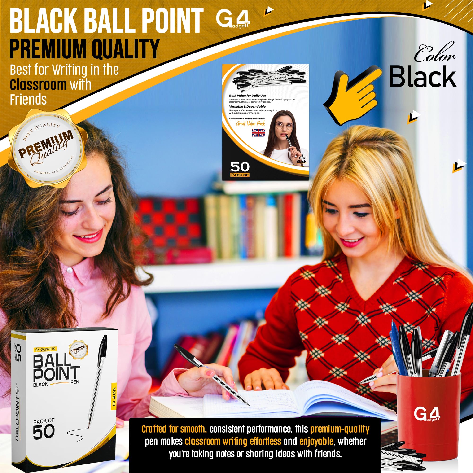 G4GADGET Pack of 50 Black Pens - Medium Tip Fluent Smooth Writing Black Bir 2