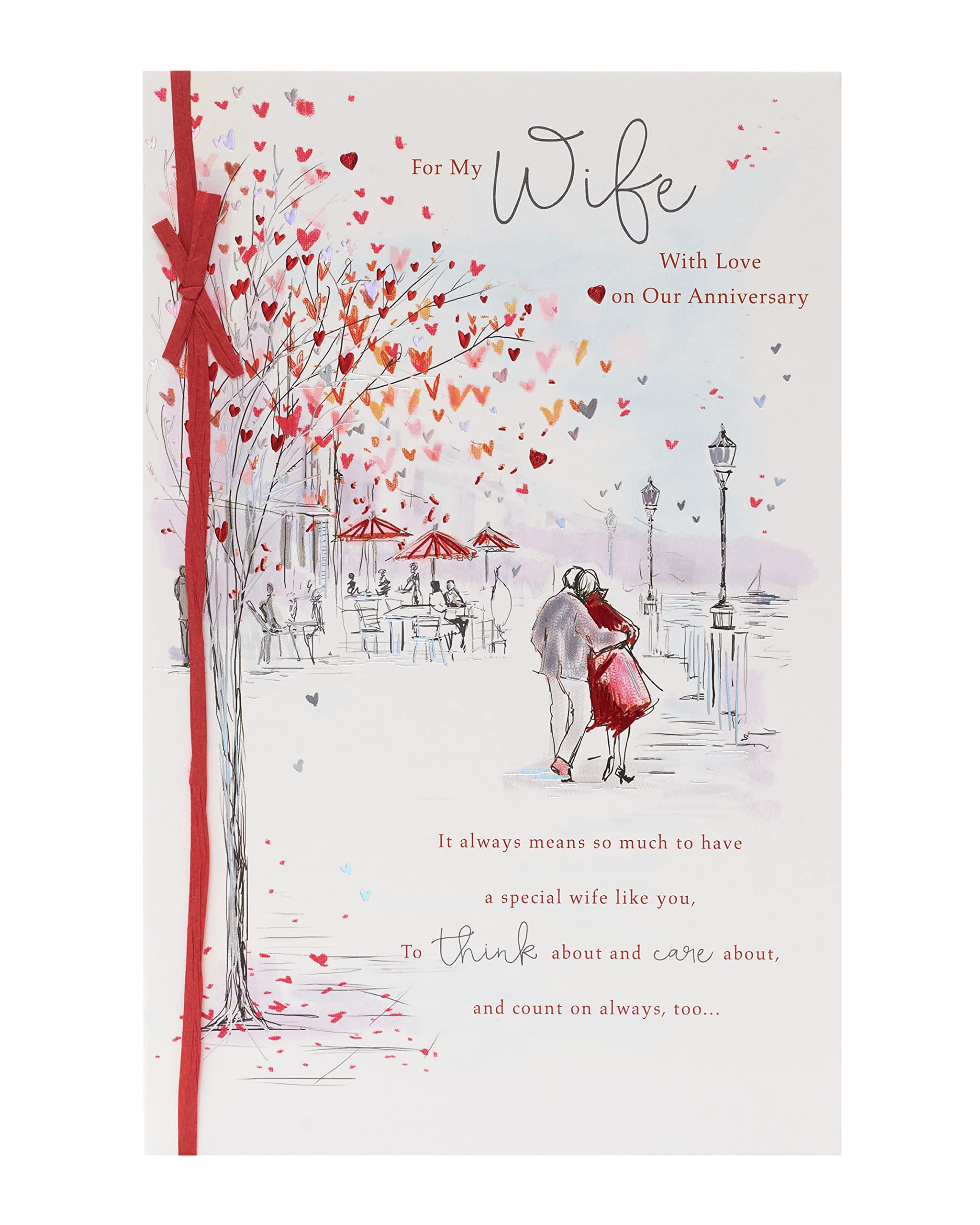 UK Greetings Anniversary Card for Wife | Heartfelt Design with Red Foil & Bow | FSC Certified