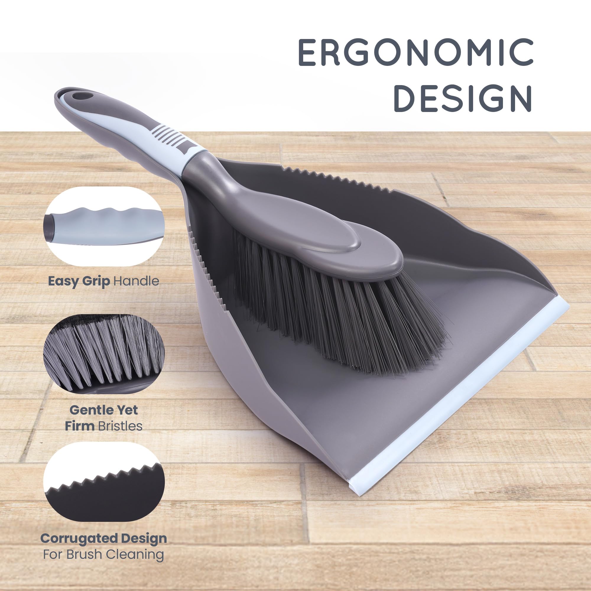 CUQOO Plastic Dustpan and Brush Set - Durable Lightweight Design | Corrugated Edge | Grey 4