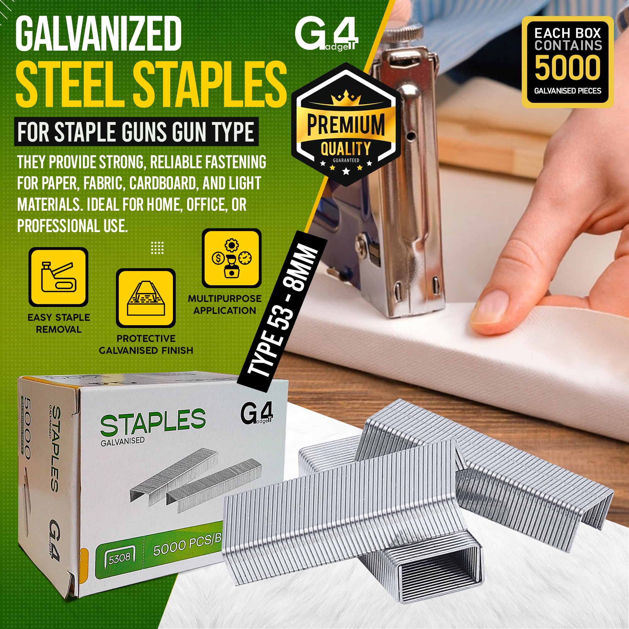 G4GADGET Heavy Duty Staples - 5000 Pack, 53/8mm Size, Stainless Steel | Upholstery & Carpentry