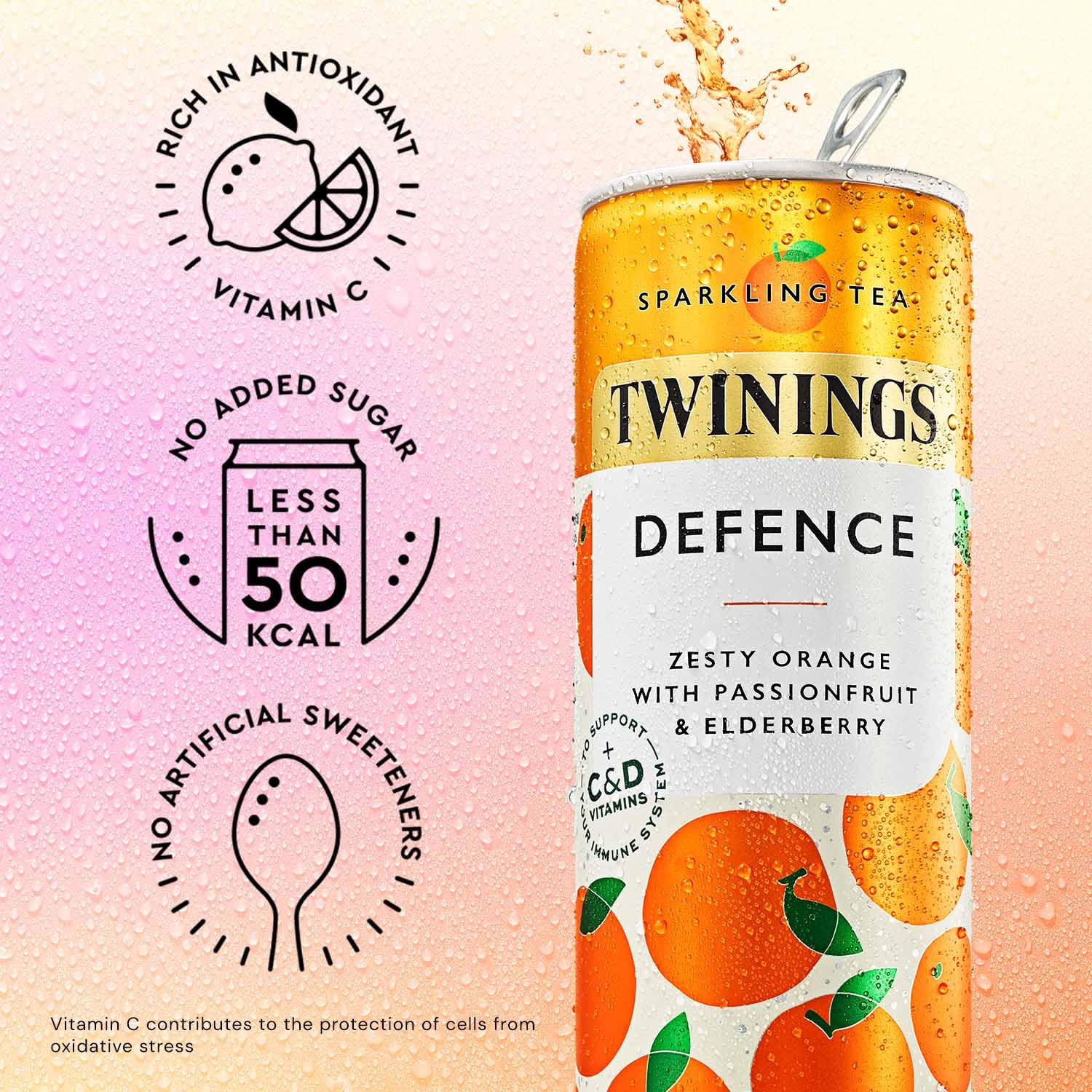 Twinings Defence Orange & Passionfruit Sparkling Tea - 4 x 250ml Cans | Immunity Support, Low Calorie, No Added Sugar 3