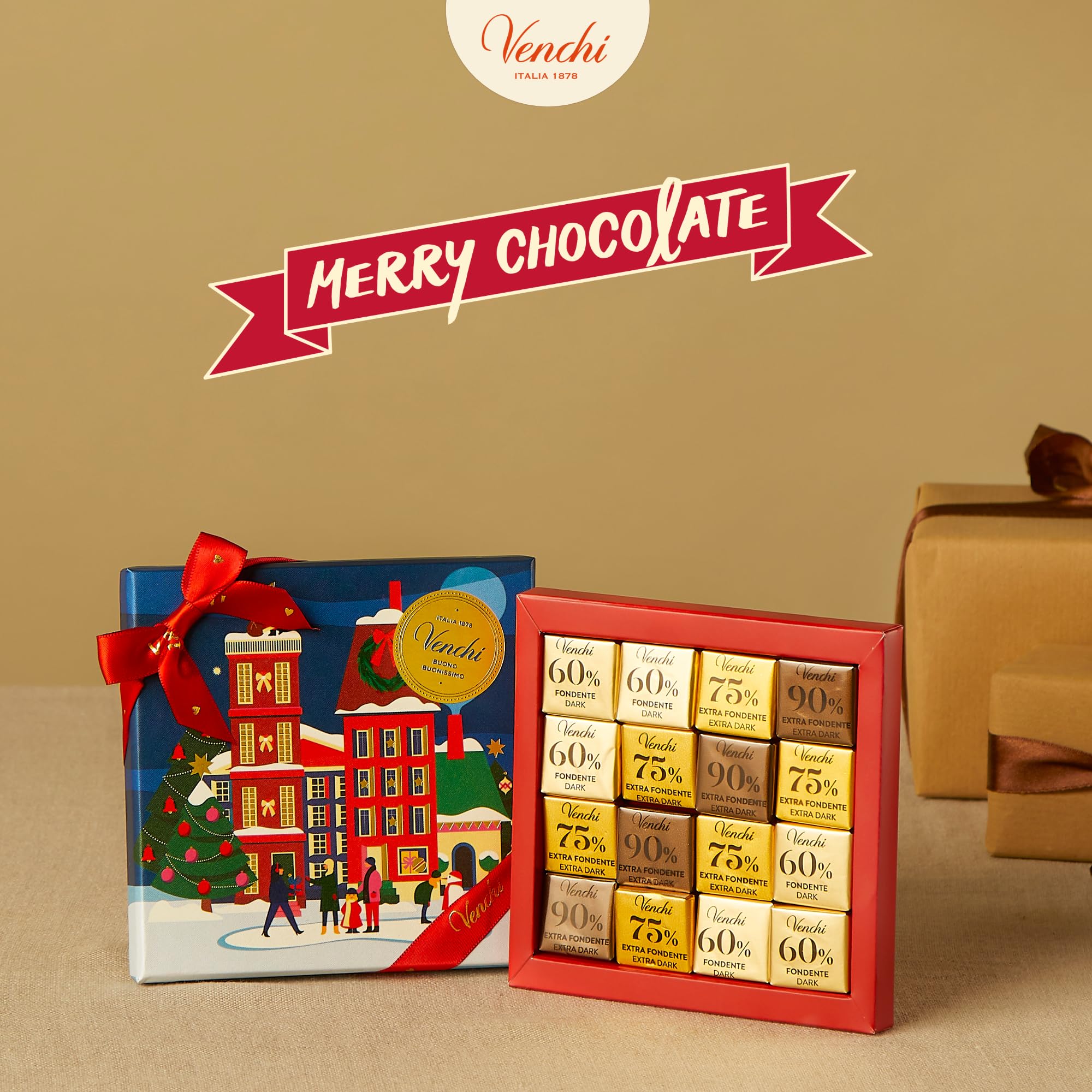 Venchi Gift Box with 16 Dark Mini Blend Chocolates | 60%, 75%, 90% Cocoa | 1.7 oz 3