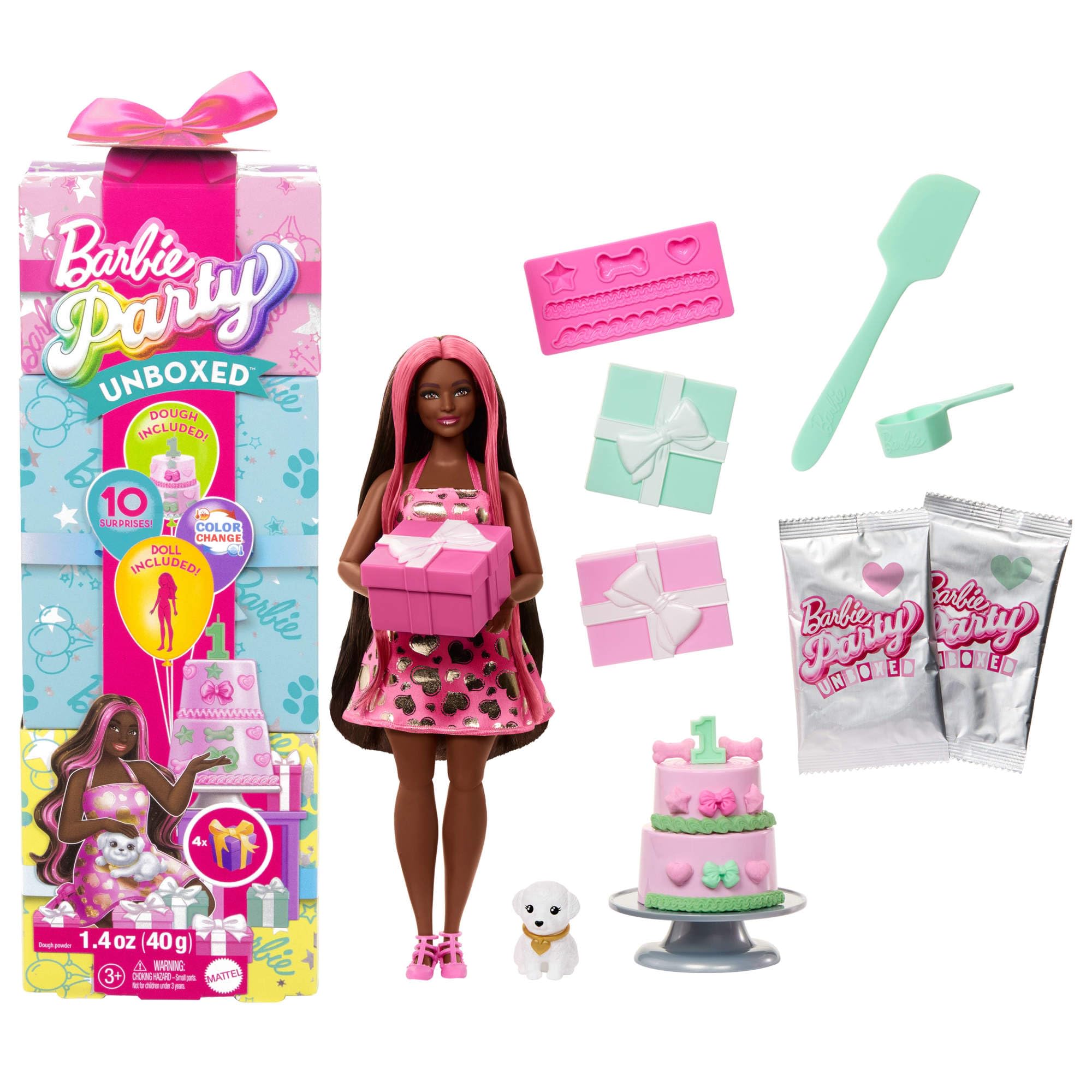 Barbie Party Unboxed Doll & Accessories - Pet Birthday Series Shimmerin' Hearts, 15-Piece Playset for Kids 1