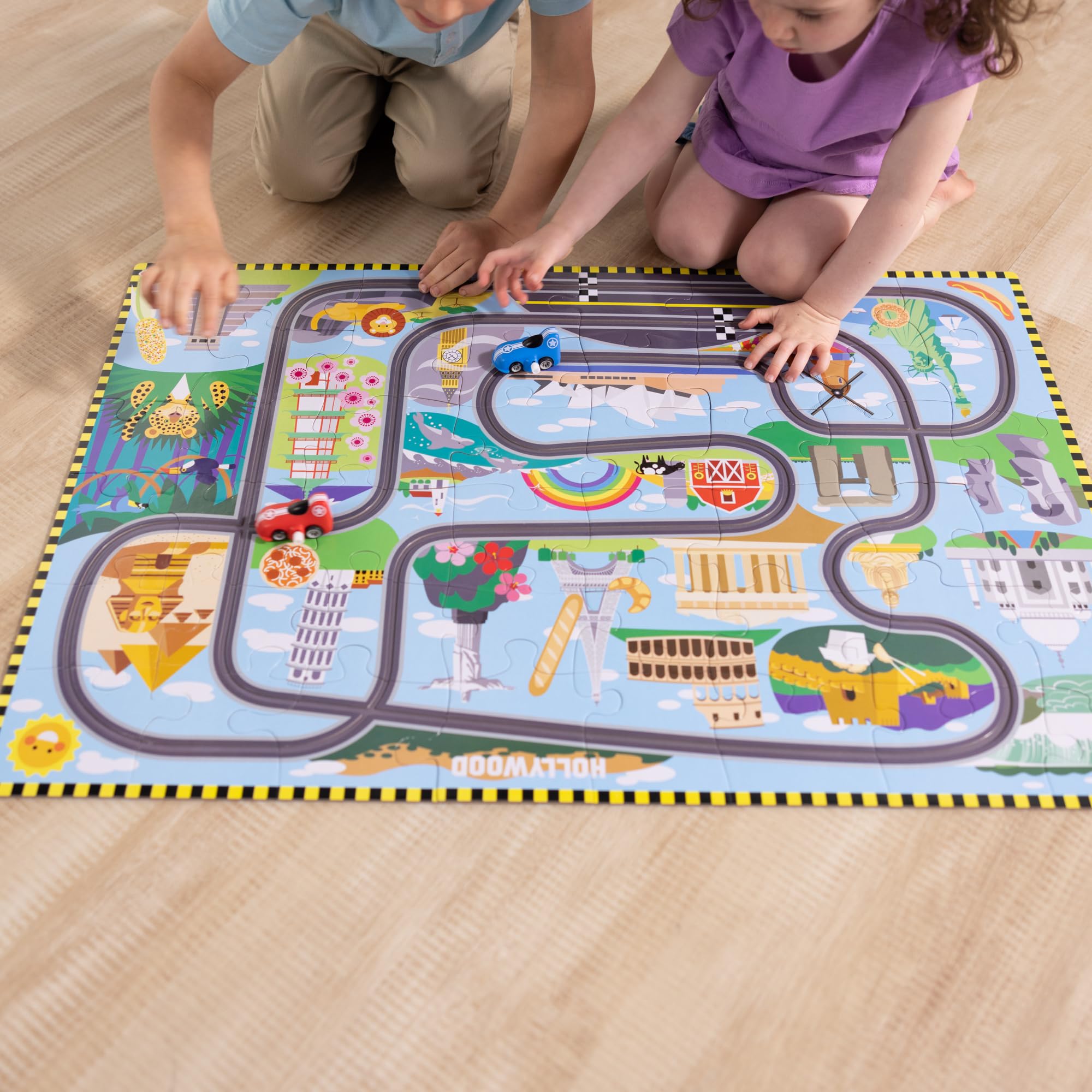Melissa & Doug Race Around the World Floor Puzzle - 48 Pieces, Includes 2 Wind-Up Vehicles | Ages 3+ 5