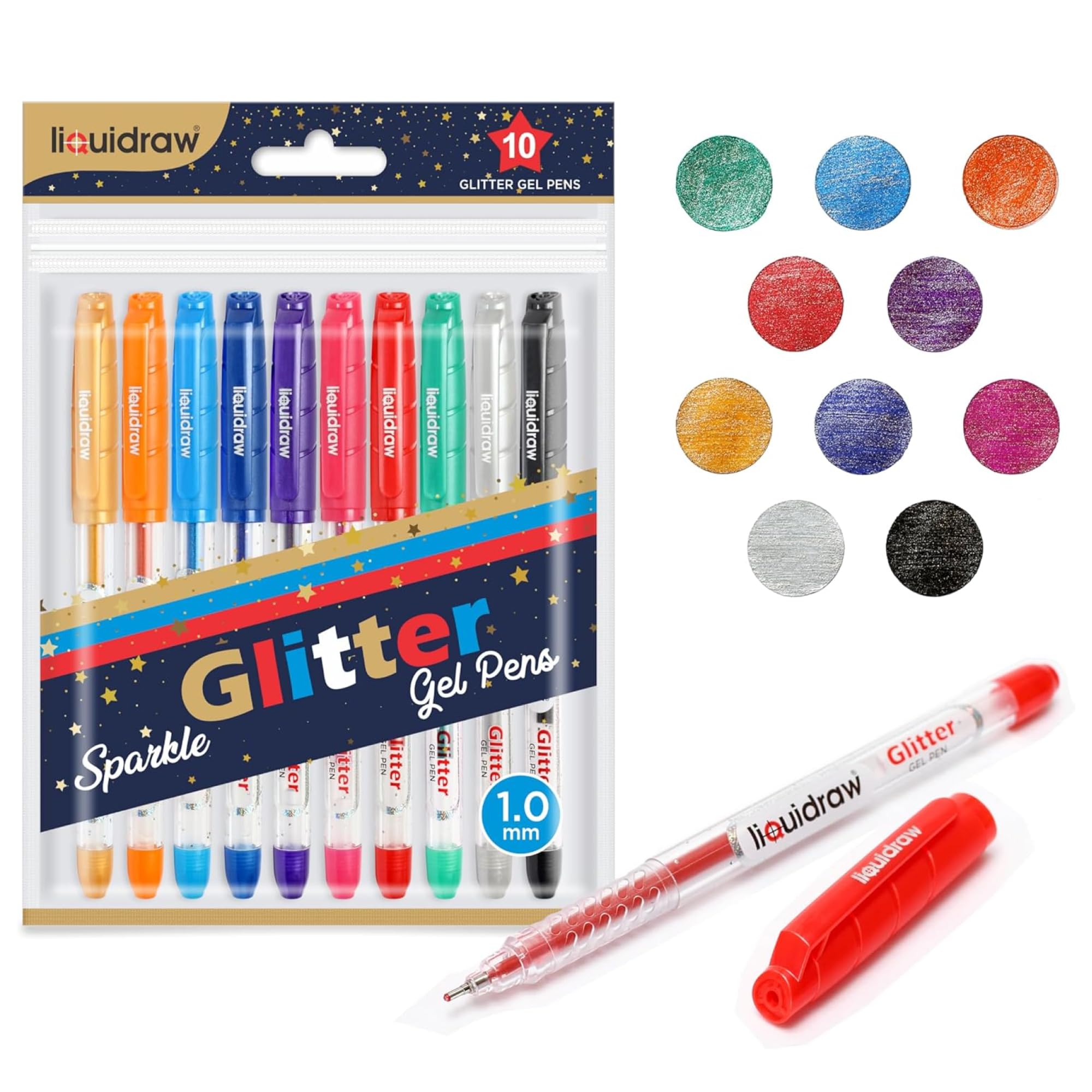 Liquidraw Glitter Gel Pens - Set of 10 | 1.0mm Fine Point | Multicoloured Ink 1