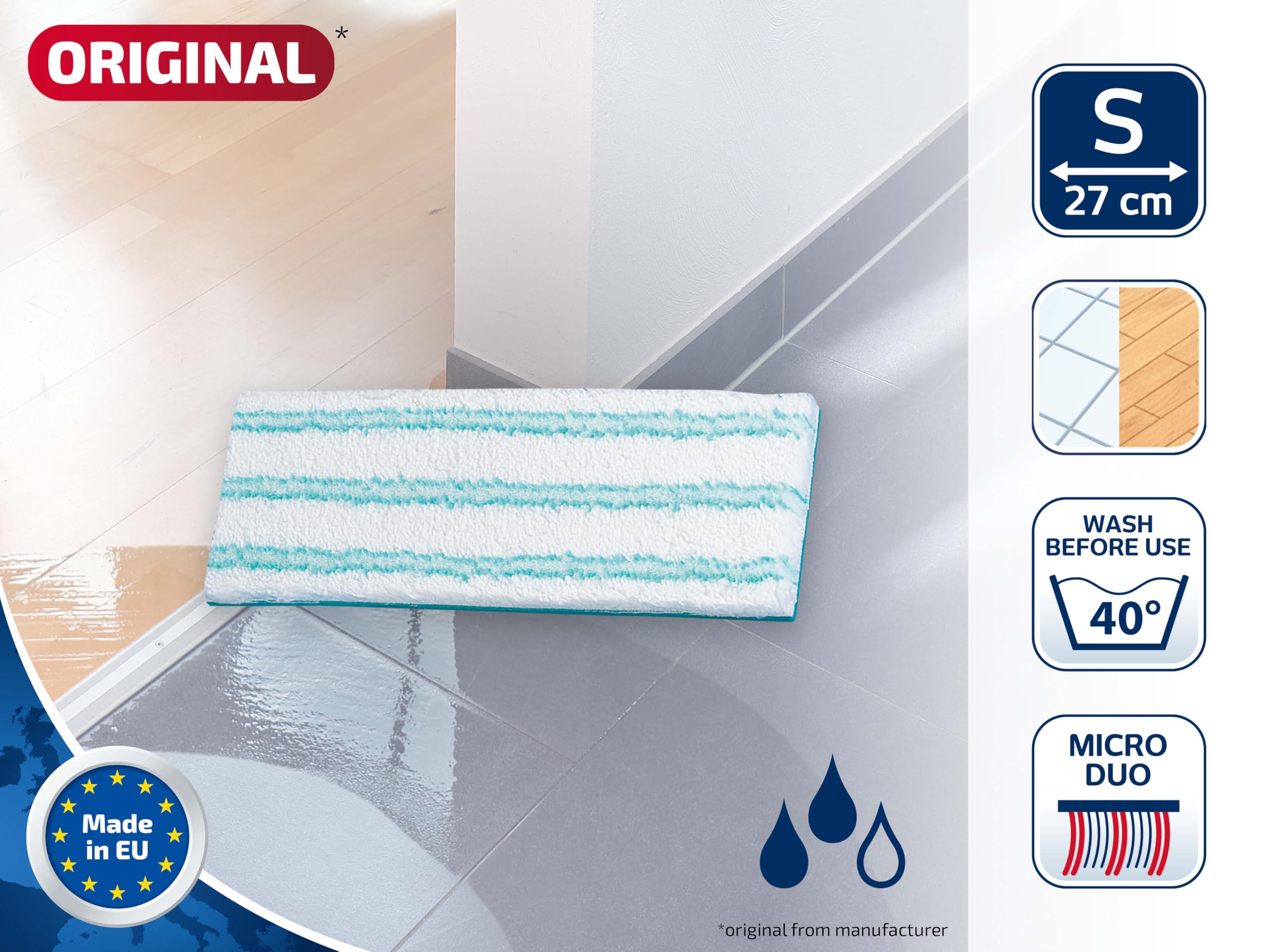 Leifheit Picobello S Mop Replacement Pad - Micro Duo Micro Fibre, 27 cm Wide | Washable at 40°C