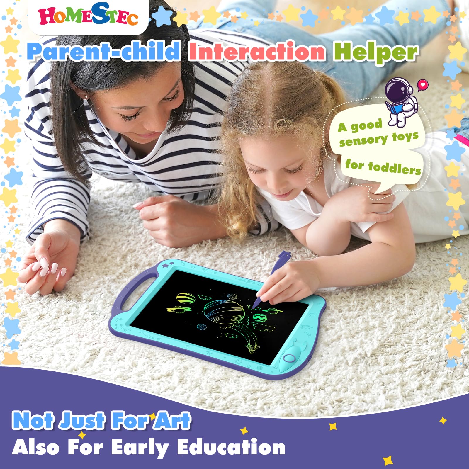 HOMESTEC AstroDraw Space Drawing Pad for Kids - LCD Writing Tablet with Handle, Educational Toddler Toy for Ages 18 Months and Up (Aqua/Purple) 8