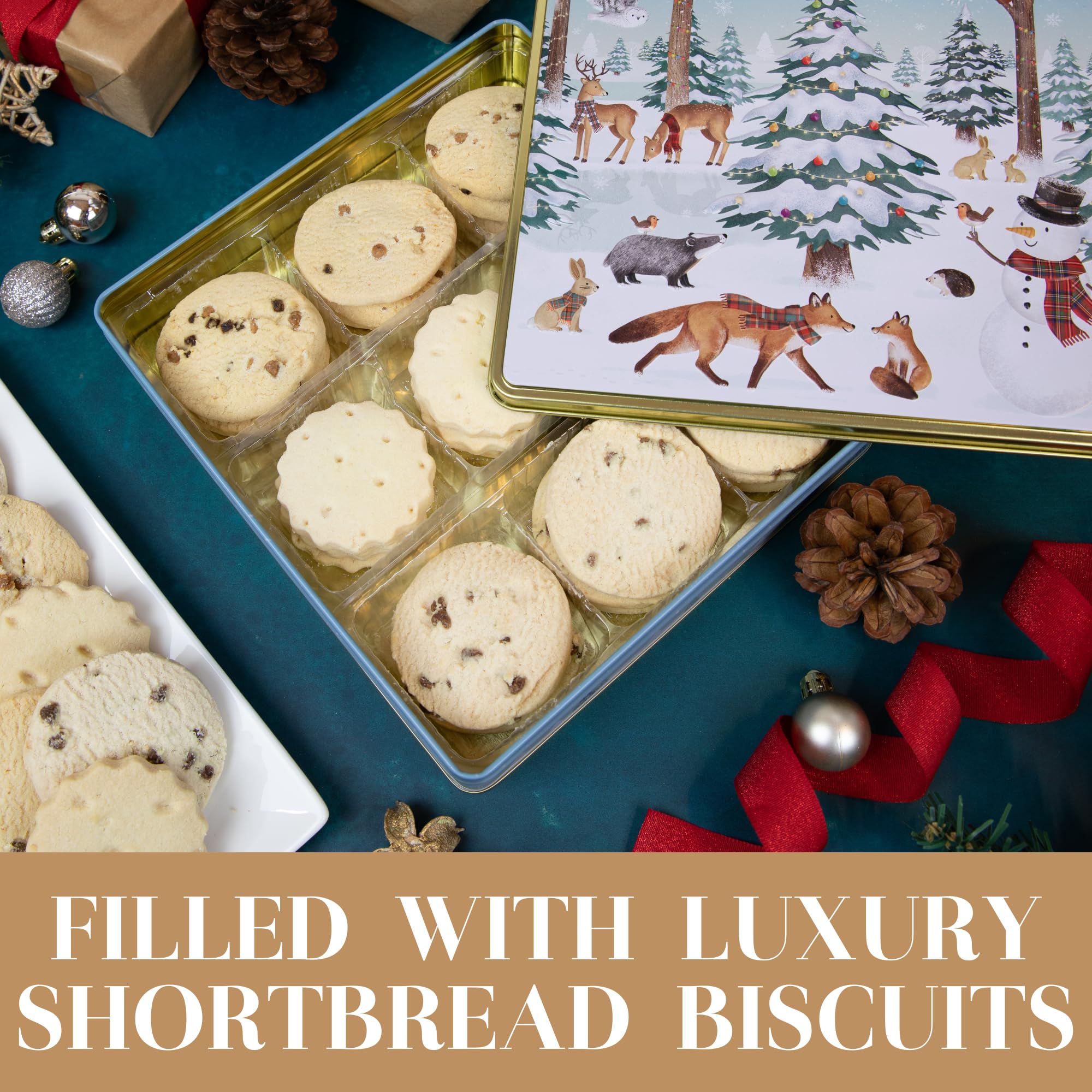 The Silver Crane co. Festive Forest Square Christmas Biscuits Tin with 3 Scottish Shortbread Flavors 4