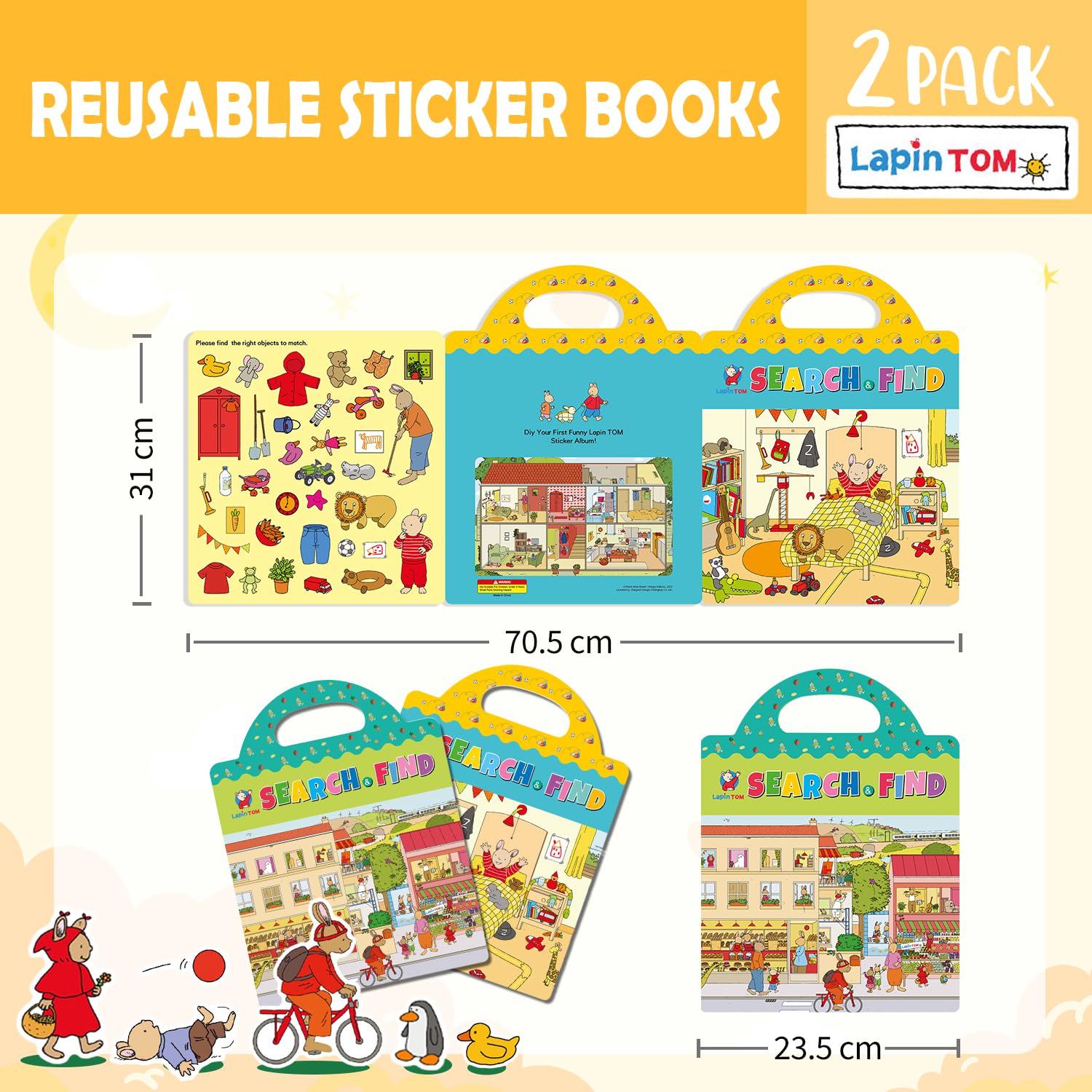 GUYUCOM Reusable 3D Sticker Book for Kids - Tom the Little Rabbit Theme | 2 Pack | Ages 2+ 7