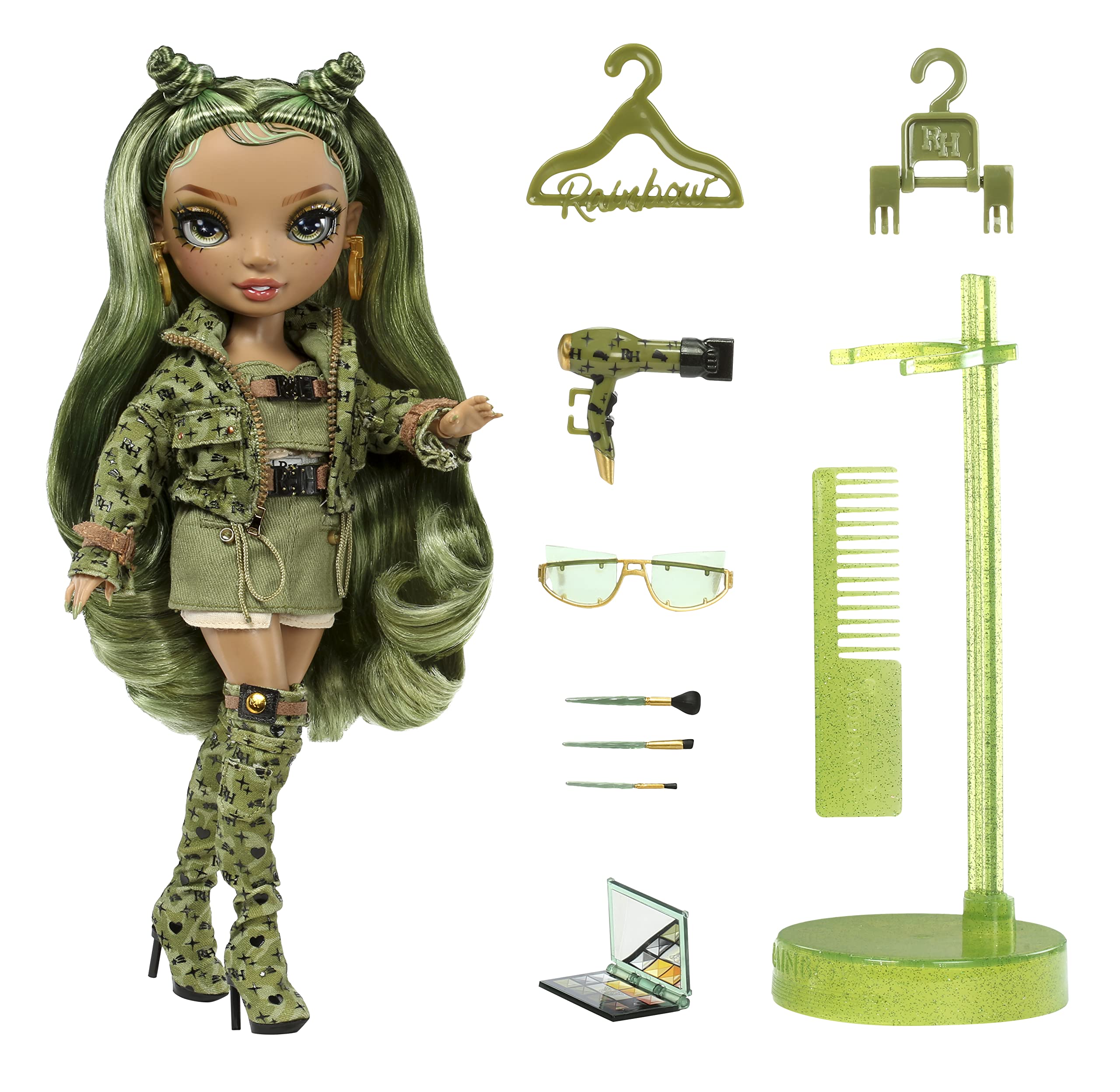 Rainbow High Olivia Woods Camo Green Fashion Doll – bewegliches Modell mit Zubehör