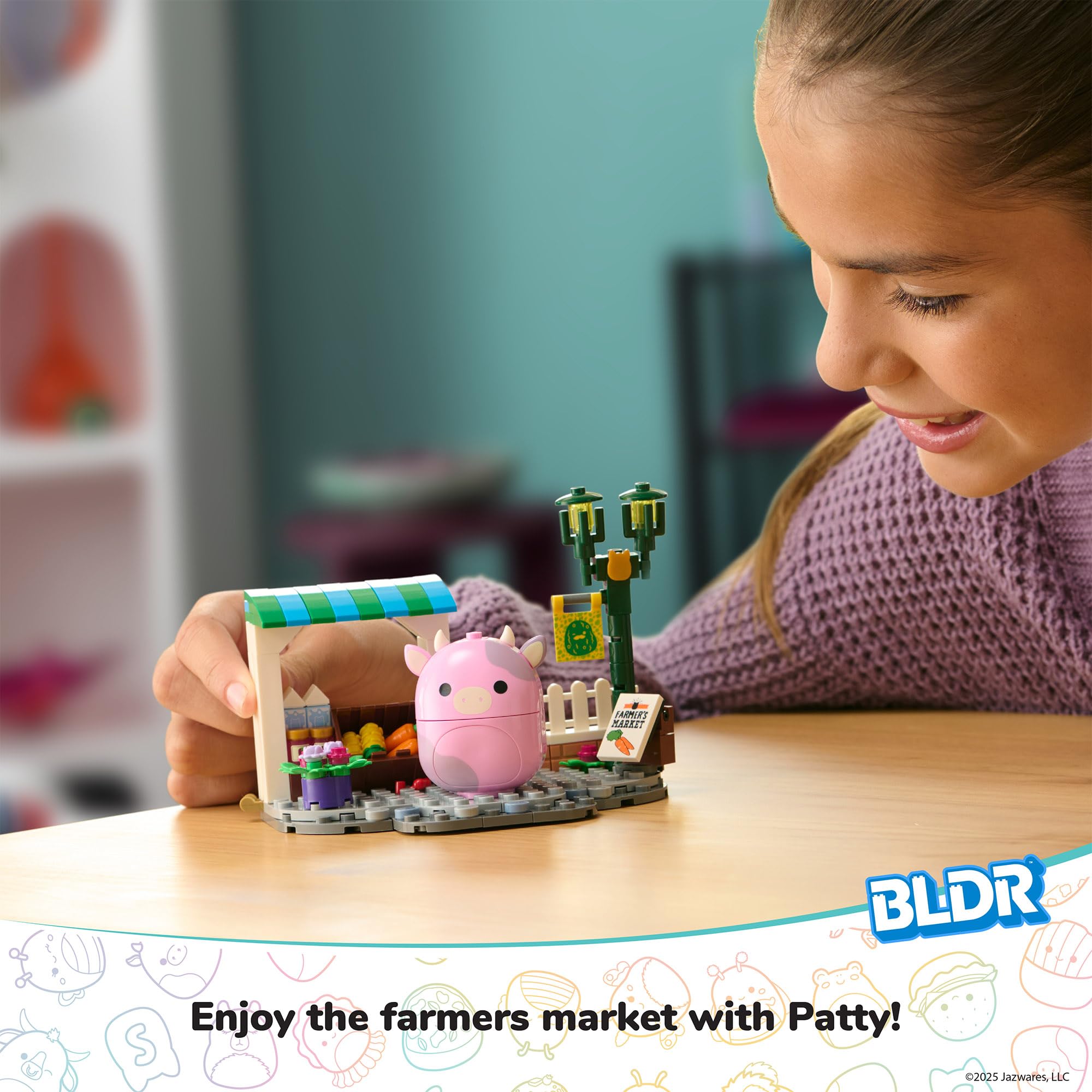 BLDR Squishmallows Patty’s Farmers Market Building Set - 136-Piece Playset with Patty the Pink Cow Figure 11