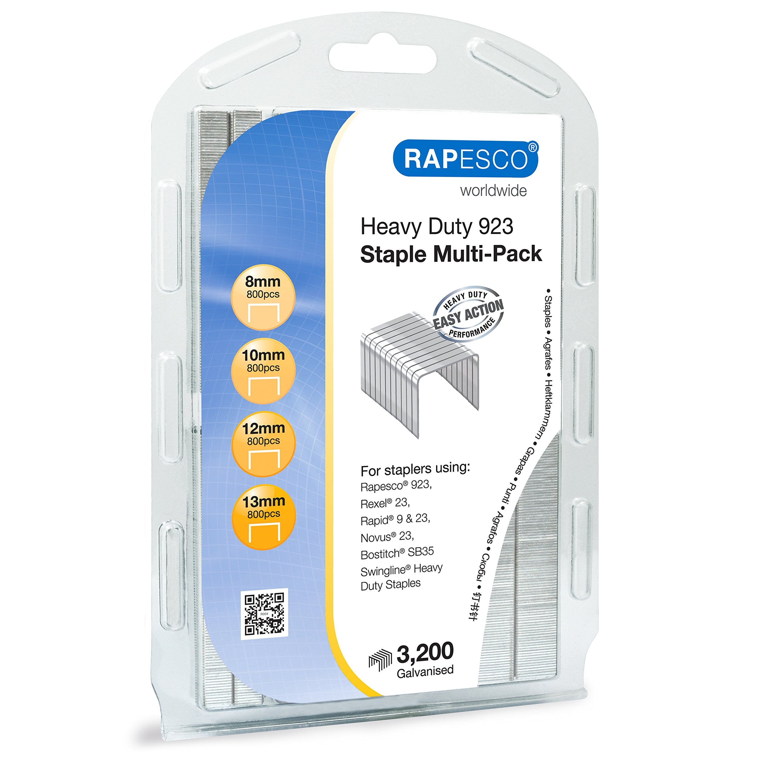 RAPESCO 1246 Heavy Duty 923 Staples Multipack - 8, 10, 12, 13mm Assortment | 3,200 Count Silver Galvanised