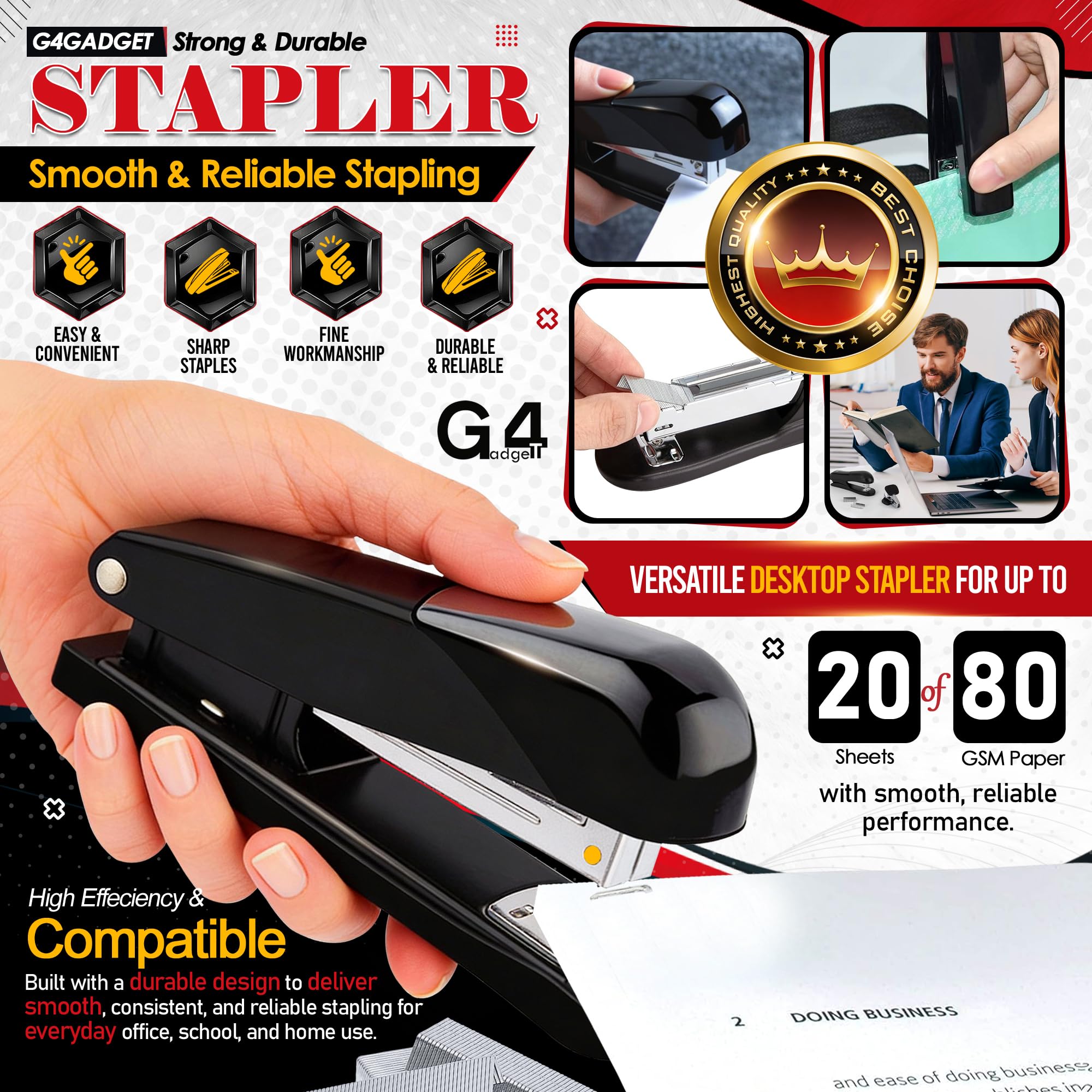 G4GADGET Repesco Black Stapler-12 - 20 Sheet Capacity | Stainless Steel Desktop Stapler
