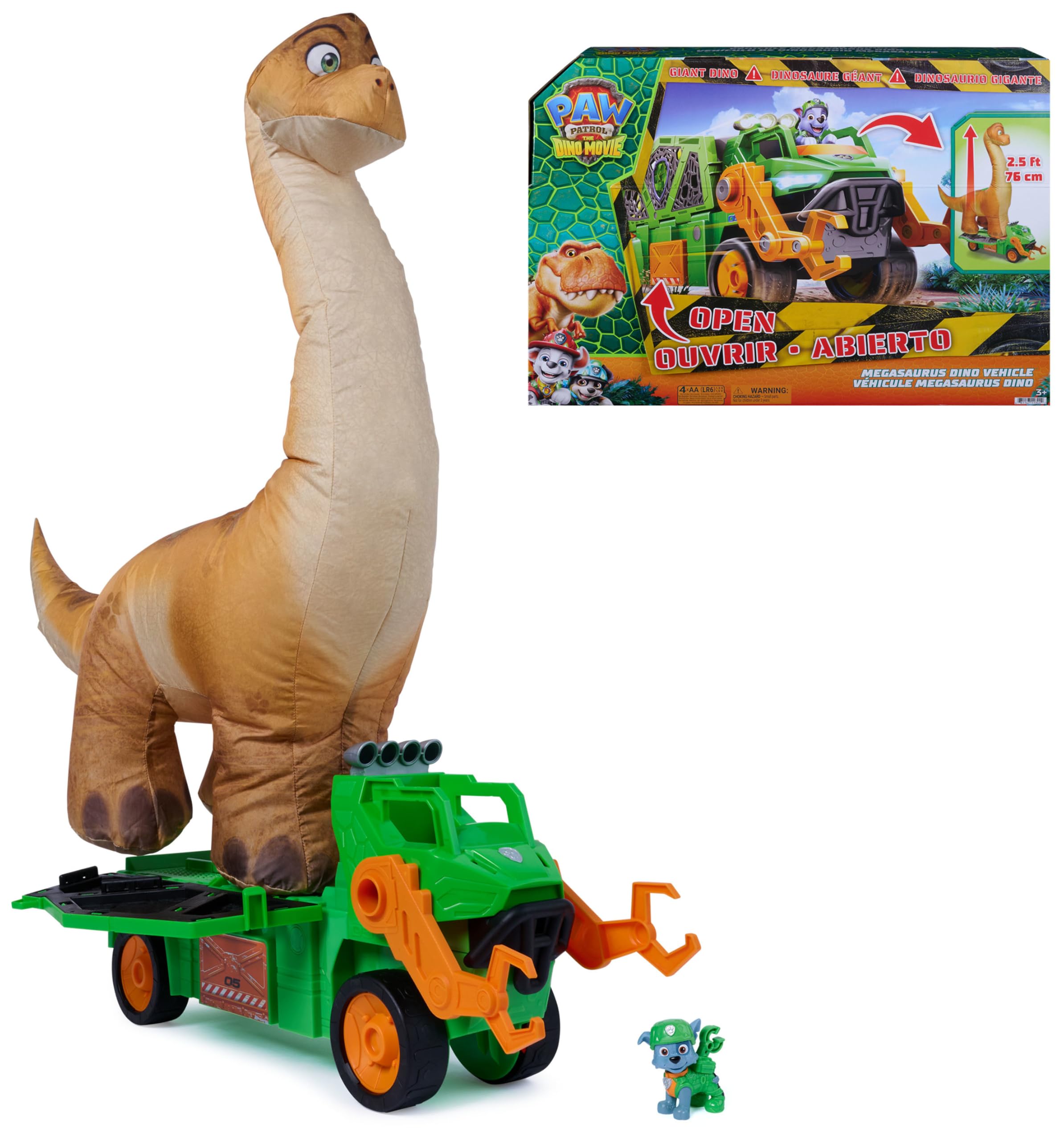 Paw Patrol Megasaurus Dino Vehicle Playset with Inflatable Dinosaur and Rocky Figure | Ages 3+