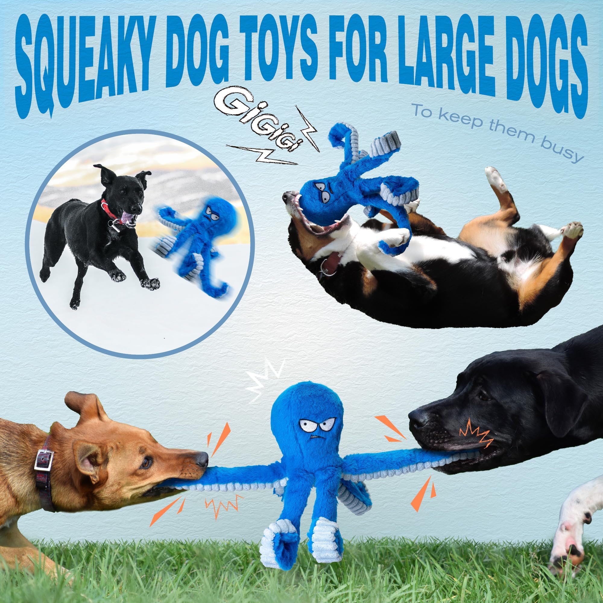 LEGEND SANDY Tough Squeak Dog Toy - Heavy Duty, Waterproof Lining, Blue Octopus 6