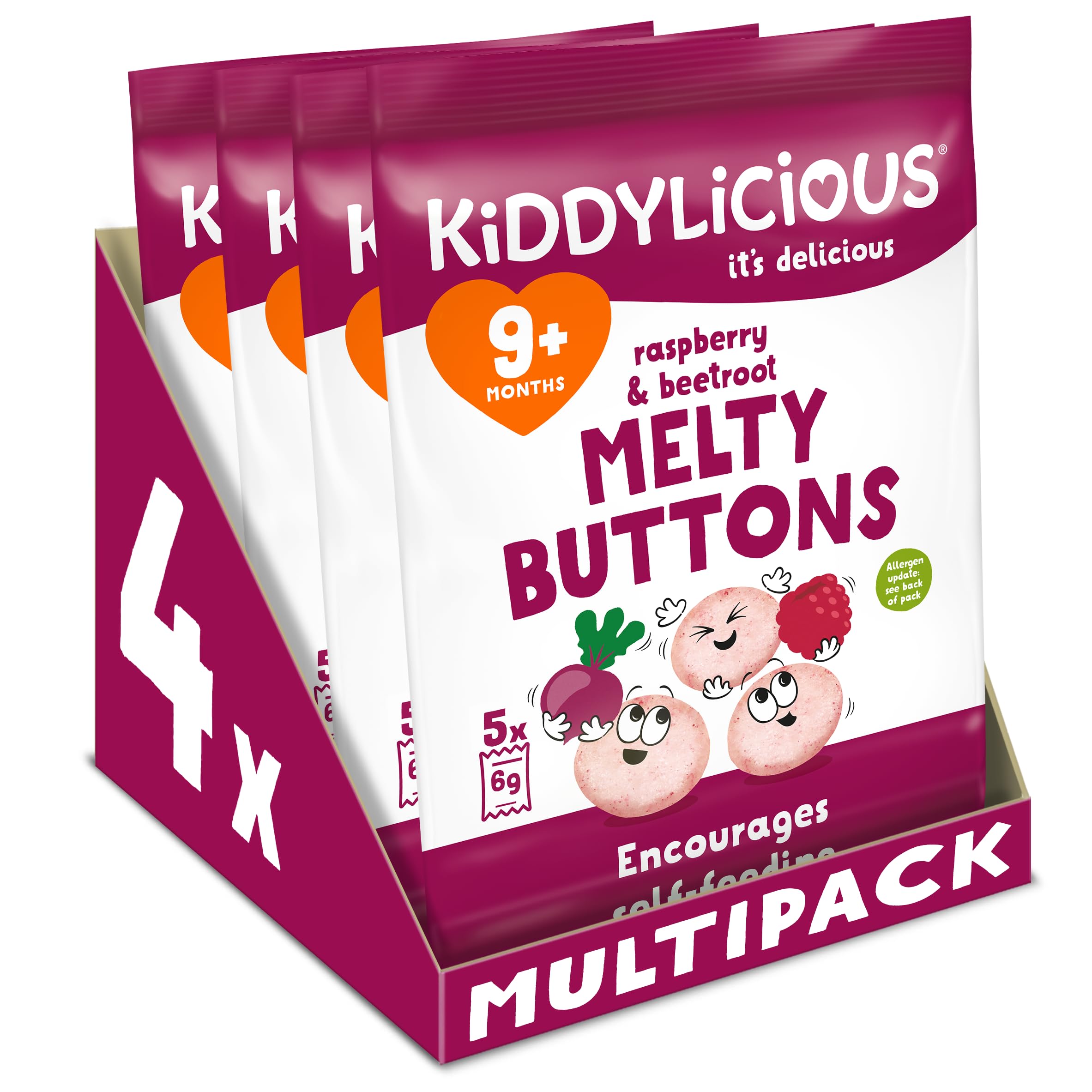 Kiddylicious Raspberry & Beetroot Melty Buttons - Gluten Free, Vegetarian Snack | 20 Count (Pack of 4)