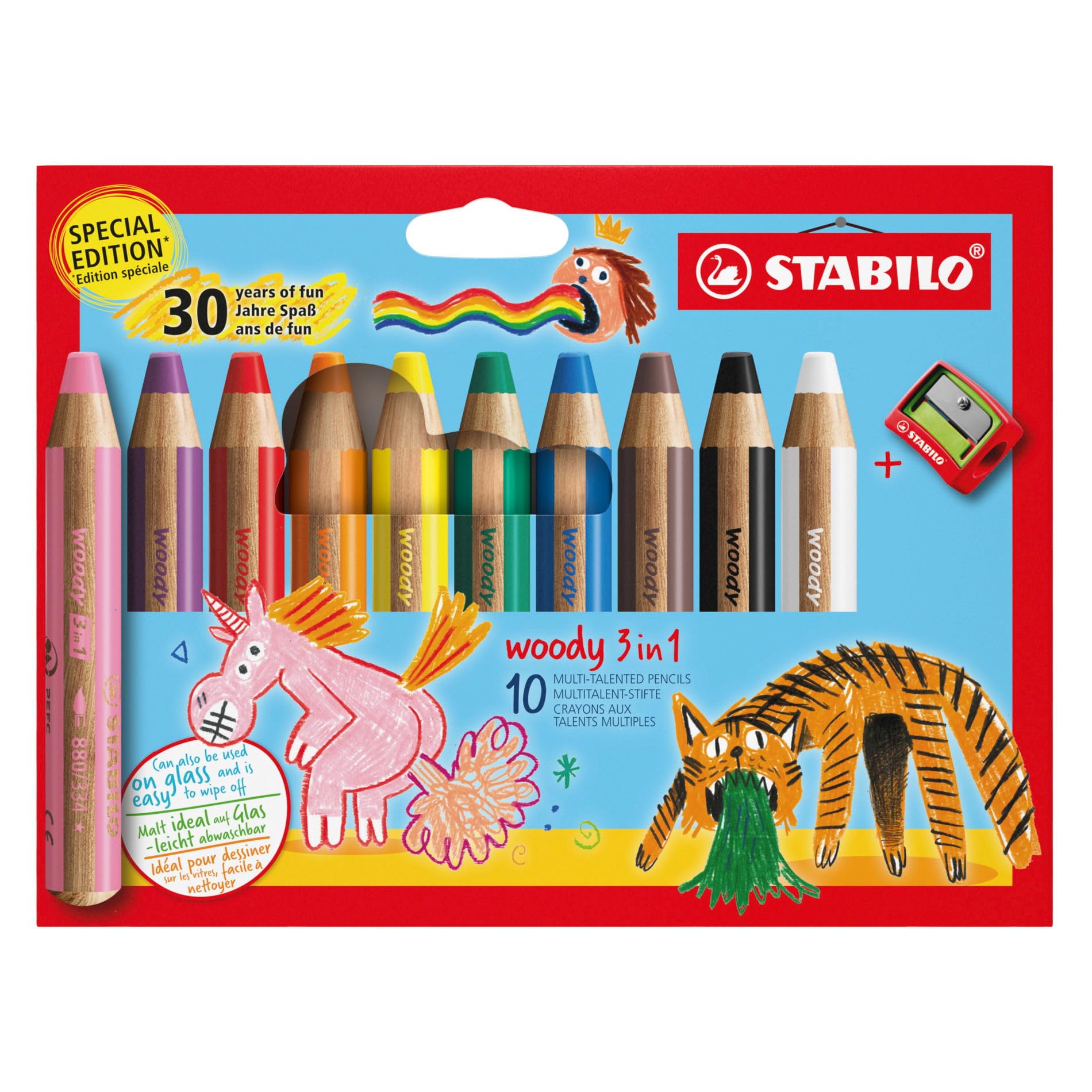 STABILO woody 3-in-1 Multi-Talented Pencil - Pack of 10 - Birthday Edition | Watercolour, Crayon, Pencil