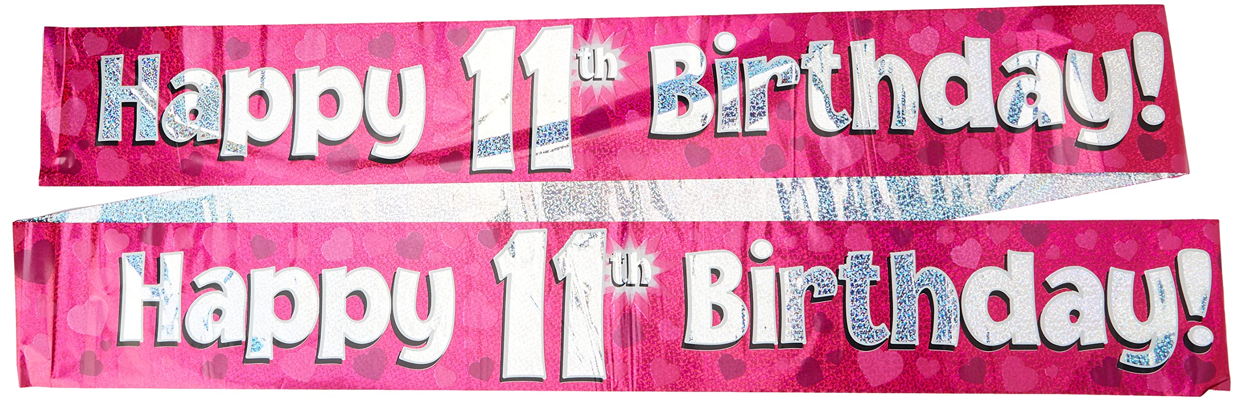 OakTree Happy 11th Birthday Banner - 9ft Pink Holographic Fabric Decoration 1