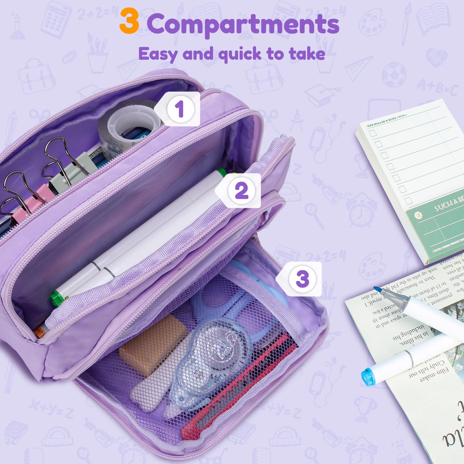Euqvunn Large Capacity Pencil Case - 3 Compartments, Violet Polyester | 21x8x13CM