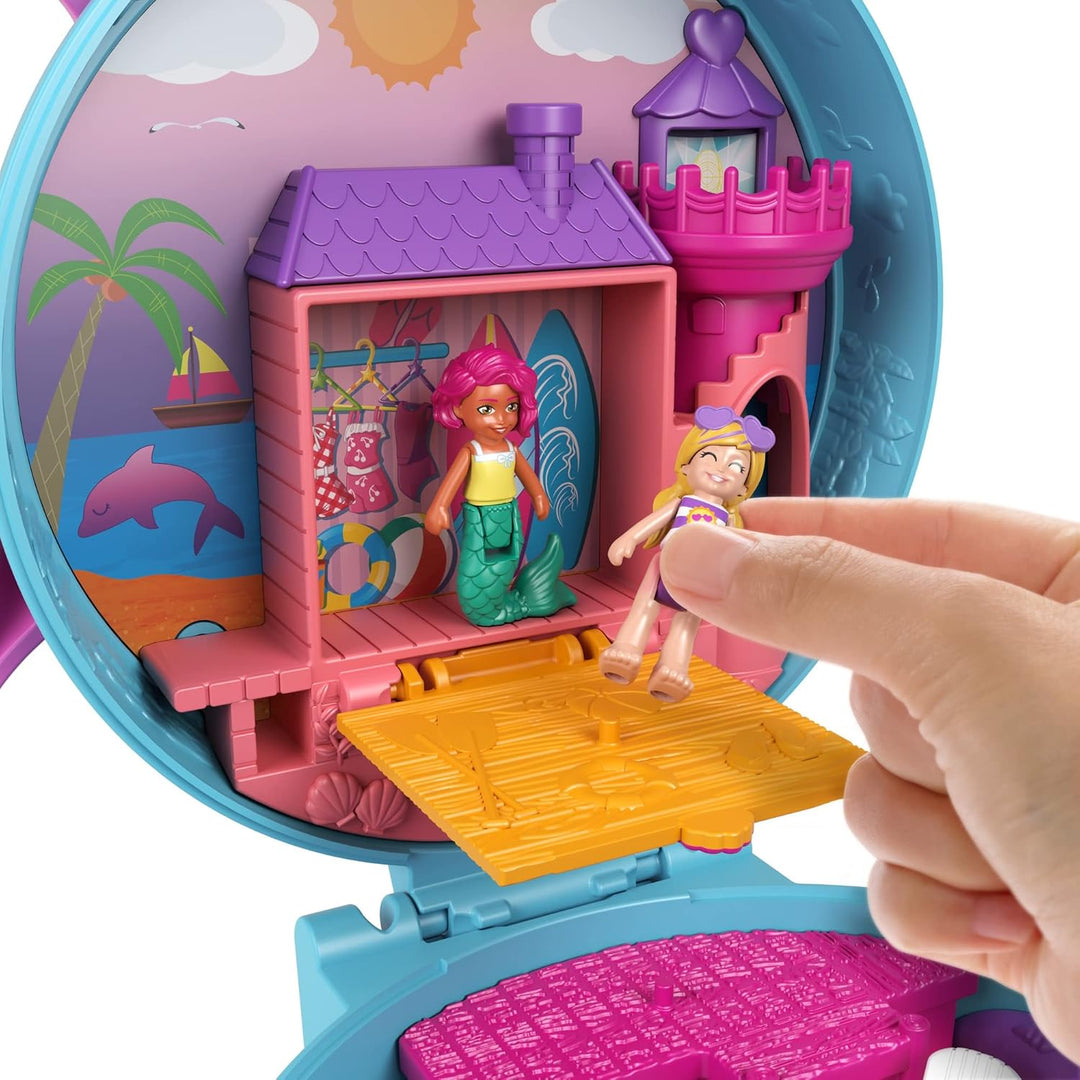 Polly Pocket Dolphin Beach Compact Playset with Micro Polly & Mermaid Doll, 5 Reveals & 13 Accessories