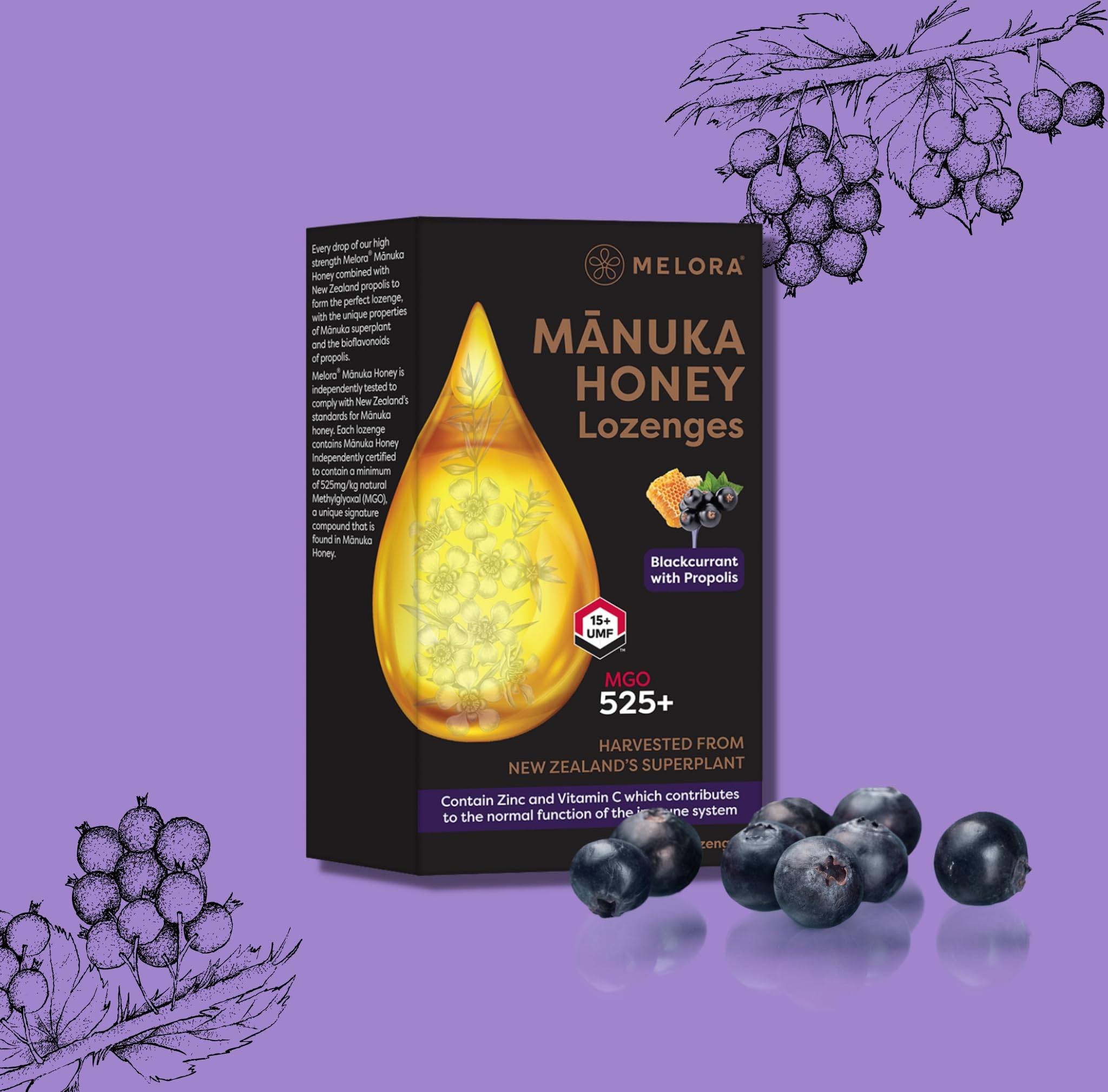 Melora Manuka Honey Lozenges - 525+ MGO, UMF 15 with Propolis | 12 Count