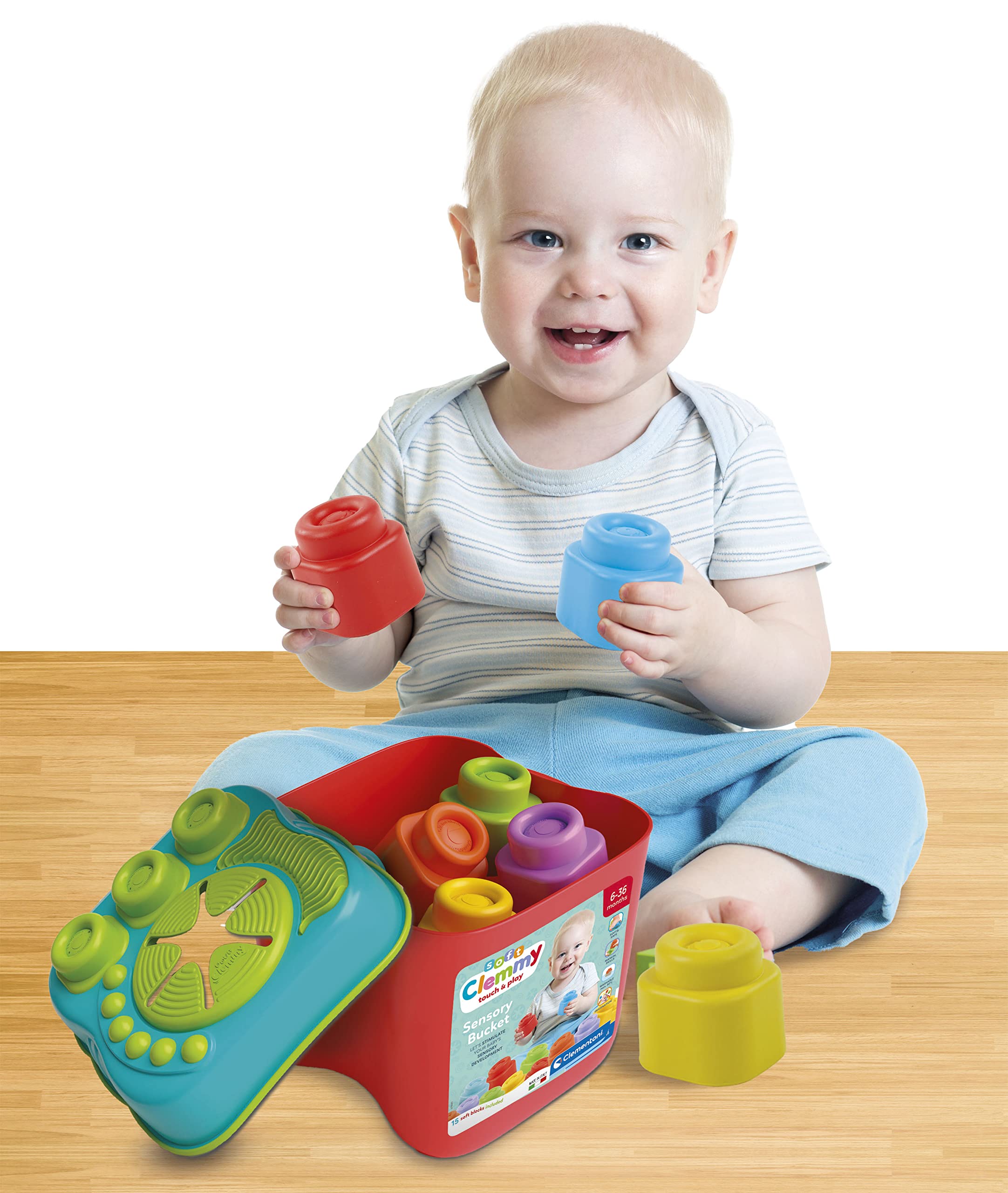 Clementoni Clemmy Sensory Bucket with Soft Blocks - 15 Pieces | Ages 6-36 Months | Multi-color