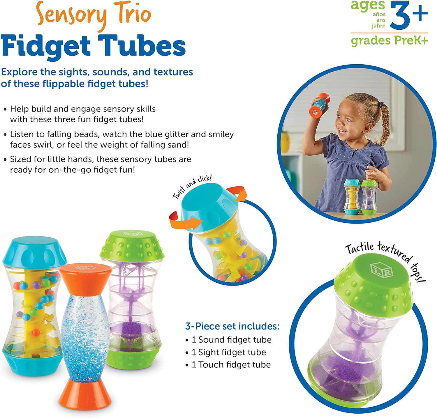Learning Resources Sensory Trio Fidget Tubes - Fine Motor & Sensory Development for Toddlers 3+ 4