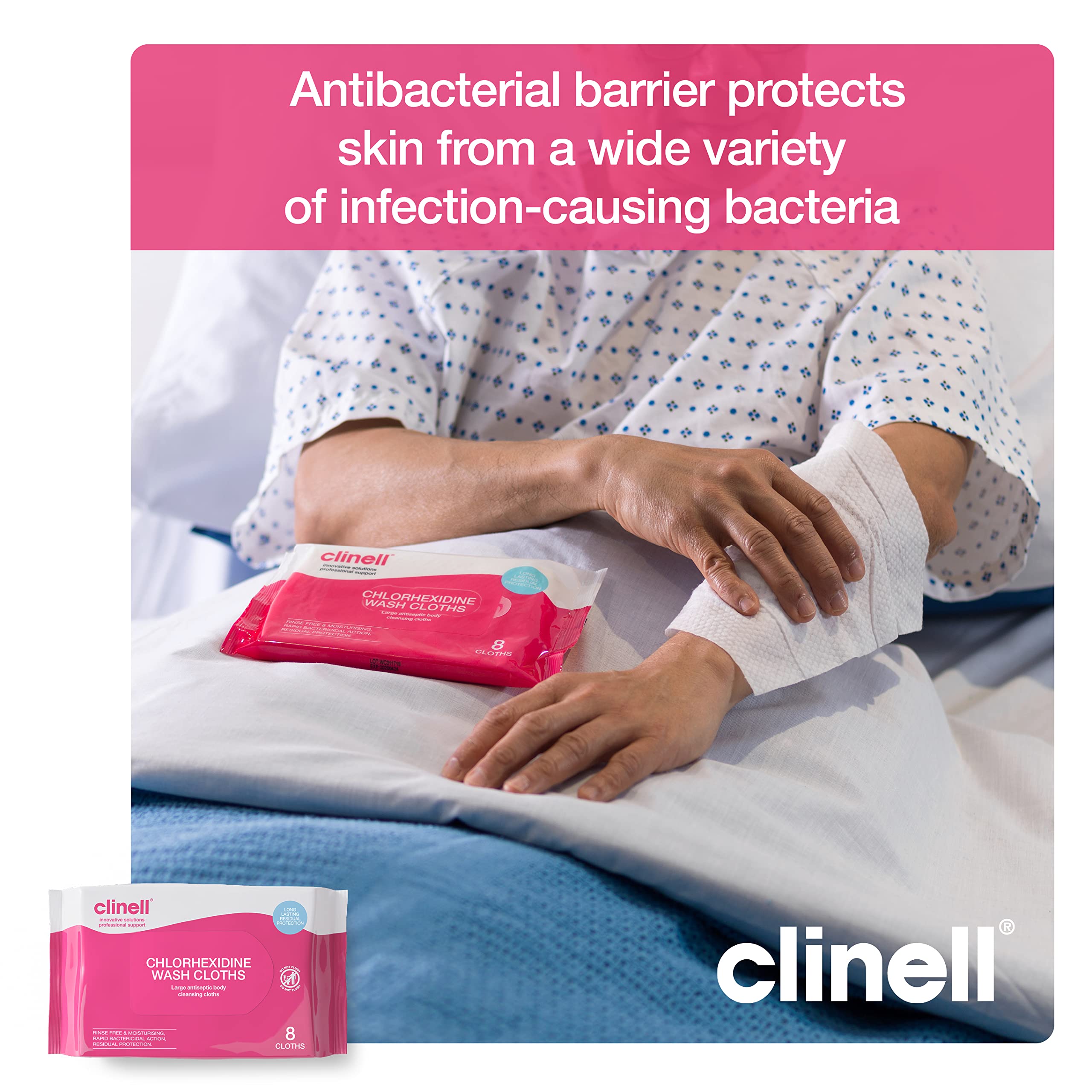 Clinell Chlorhexidine Wash Cloths - 8 Count Pack | Rinse Free Disinfectant Wipes 4