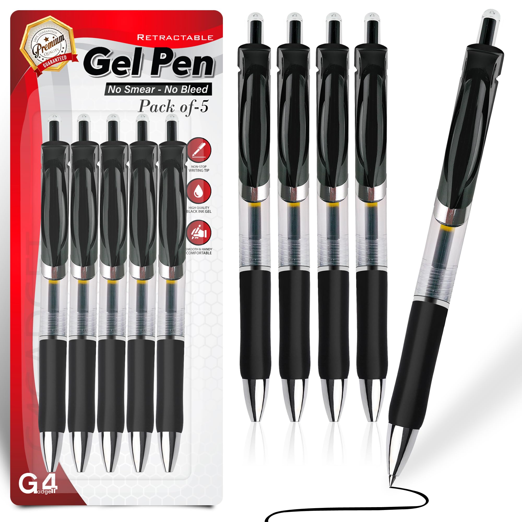 G4GADGET Gel Ink Rollerball Pens - 0.7mm Smooth Black Ink, Retractable Click, Comfort Grip | 5 Pack 1