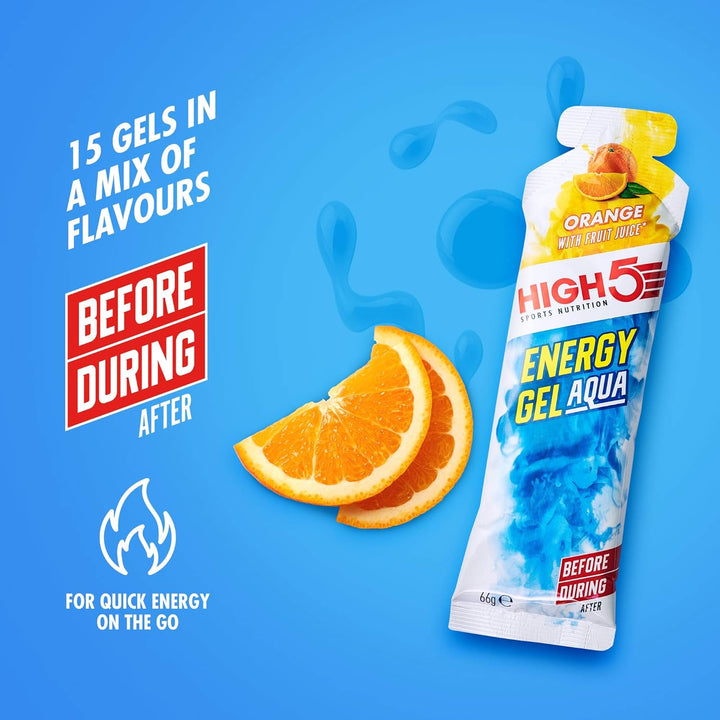 HIGH5 Mixed Energy Gel Aqua Taster Pack - 15x66g with Caffeinated & Non-Caffeinated Gels in Berry, Citrus, and Orange Flavors